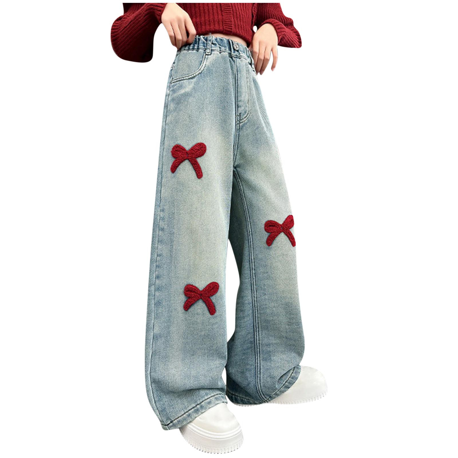 thumbnail video image 2 of HAOTAGSGirls Jeans, Elastic Waist Fashion Wide Leg Cargo Demin Pants Bootcut Pocket Blue 7 Years, 2 of 10