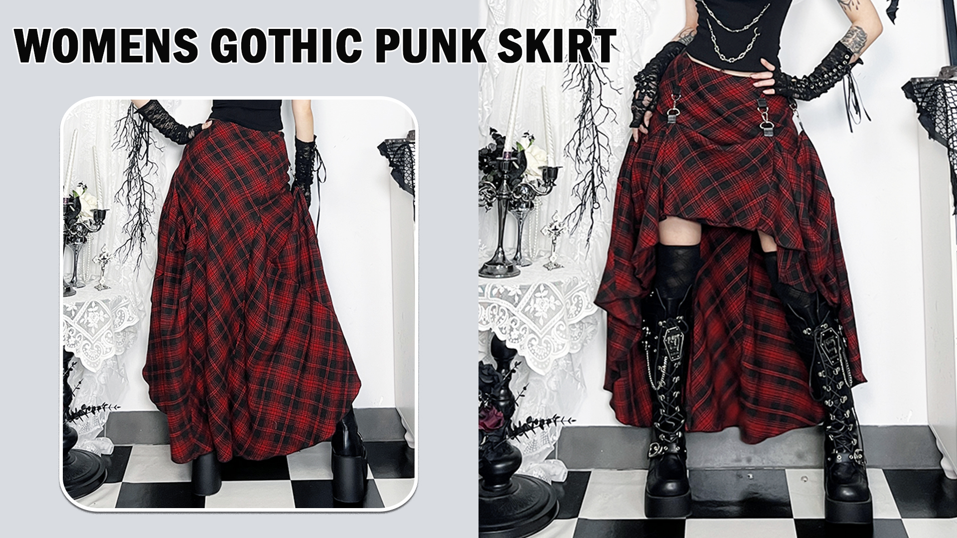 thumbnail video image 2 of FEOYA Women's Goth Asymmetrical Skirt Ladies Plaid Punk Skirts Irregular Pleated Y2K Skirt Layered Flowy Gothic Ruffle Skirts A Line Mini Grunge Skirts S, 2 of 7