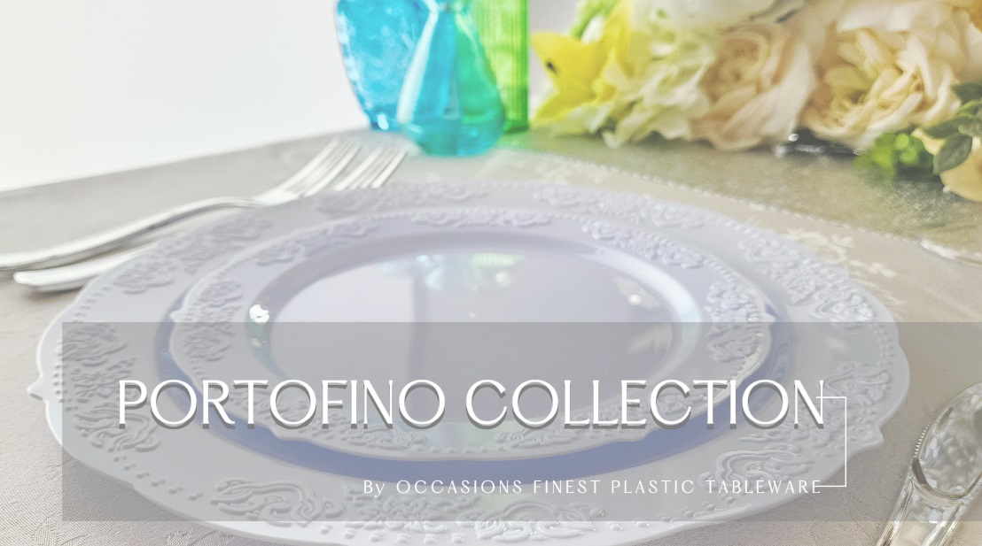 thumbnail video image 2 of " OCCASIONS " 50 Plates Pack (25 Guests) Vintage Wedding Party Disposable Plastic Plate Set -25x10.25'' Dinner +25x7.5'' Salad/Dessert plates (Portofino Plain Blue), 2 of 8