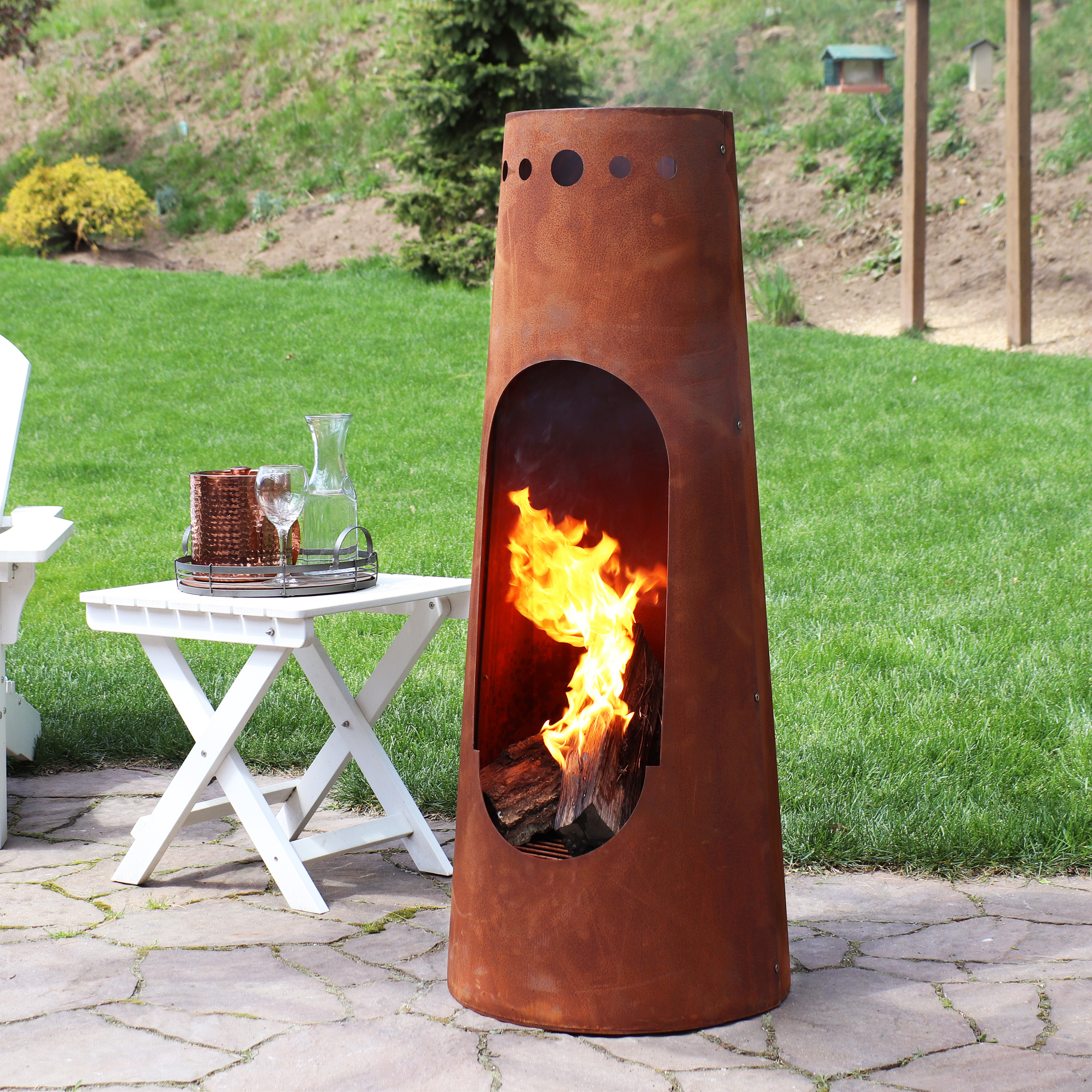 thumbnail video image 2 of Sunnydaze 50" Santa Fe Rust Patina Finish Steel Wood-Burning Chiminea with Wood Grate, 2 of 13