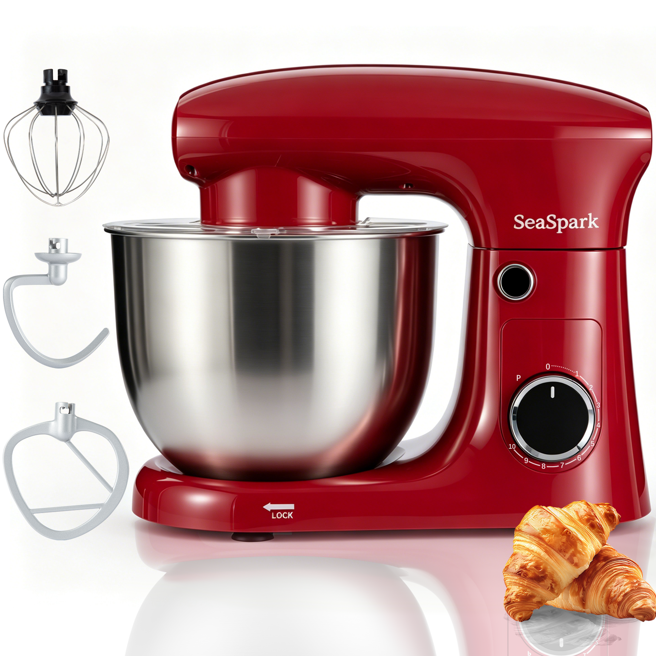 thumbnail video image 2 of SeaSpark 3-in-1 Stand Mixer, 5.5 QT Tilt-Head 10-Speed Electric Stand Mixer, Food Mixer with Dough Hook, Beater, Whisk, Red, 2 of 10