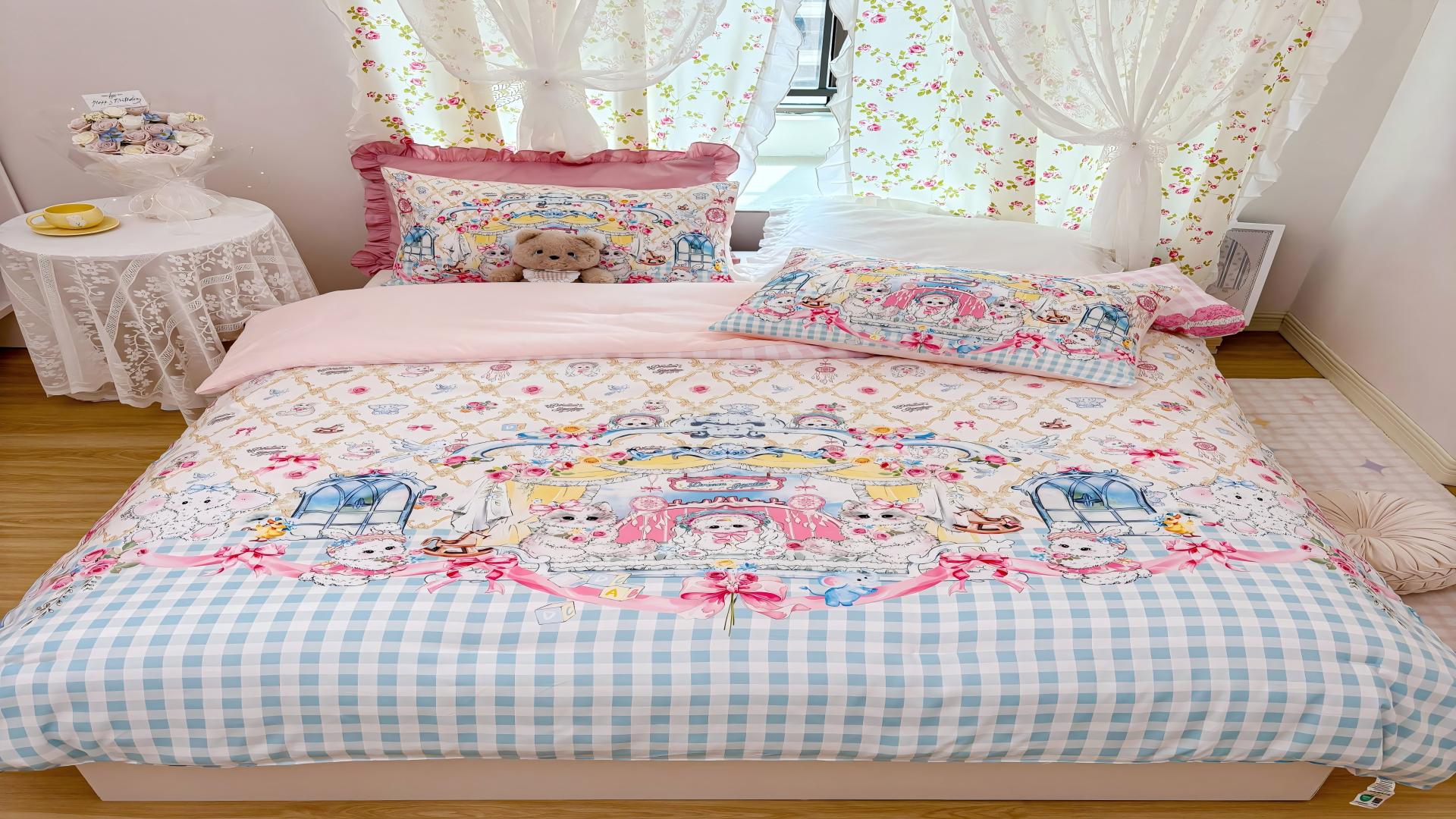 thumbnail video image 2 of JOLUSERE Cartoon Pink Beige Comforter Queen Set，3-Pieces Bunny Kitten Pattern Bedding Set for Kids, 2 of 10