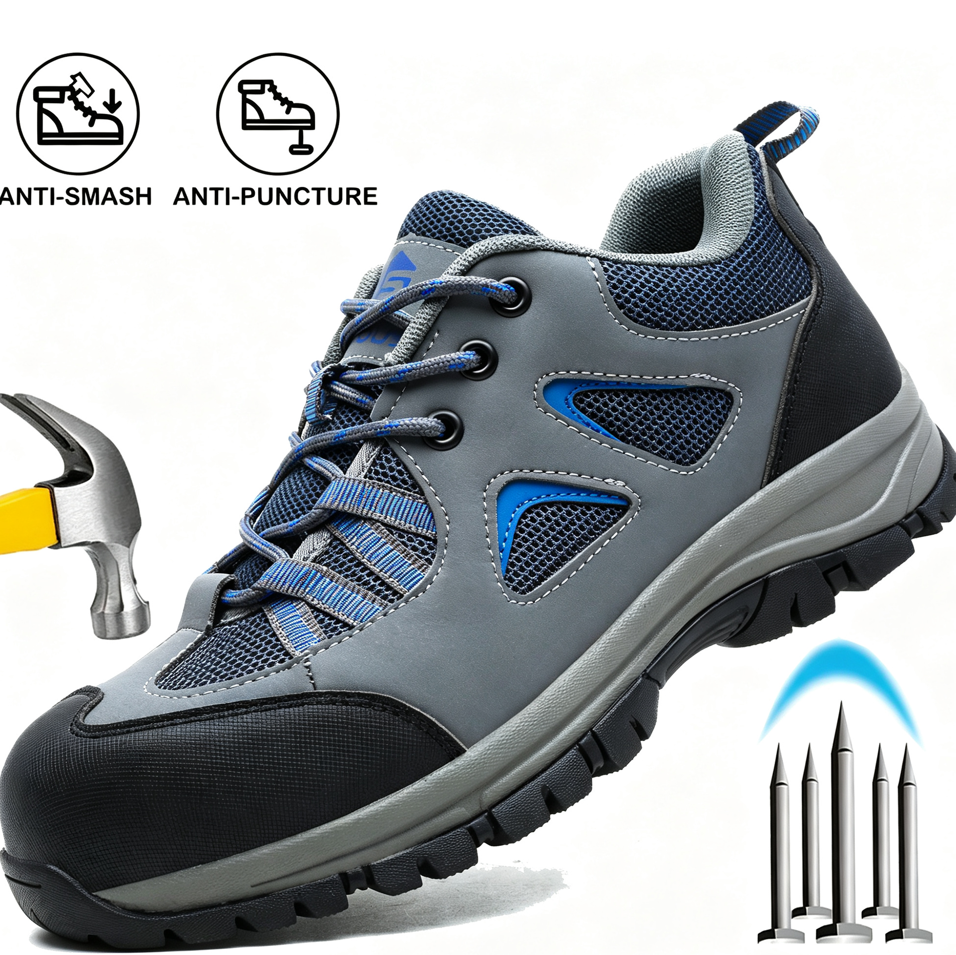 thumbnail video image 2 of SPSHOOS Steel Toe Work Sneakers for Men Women Lightweight Breathable Safety Shoes Anti-Smashing Anti-Puncture Non-Slip Gray Blue, 2 of 10