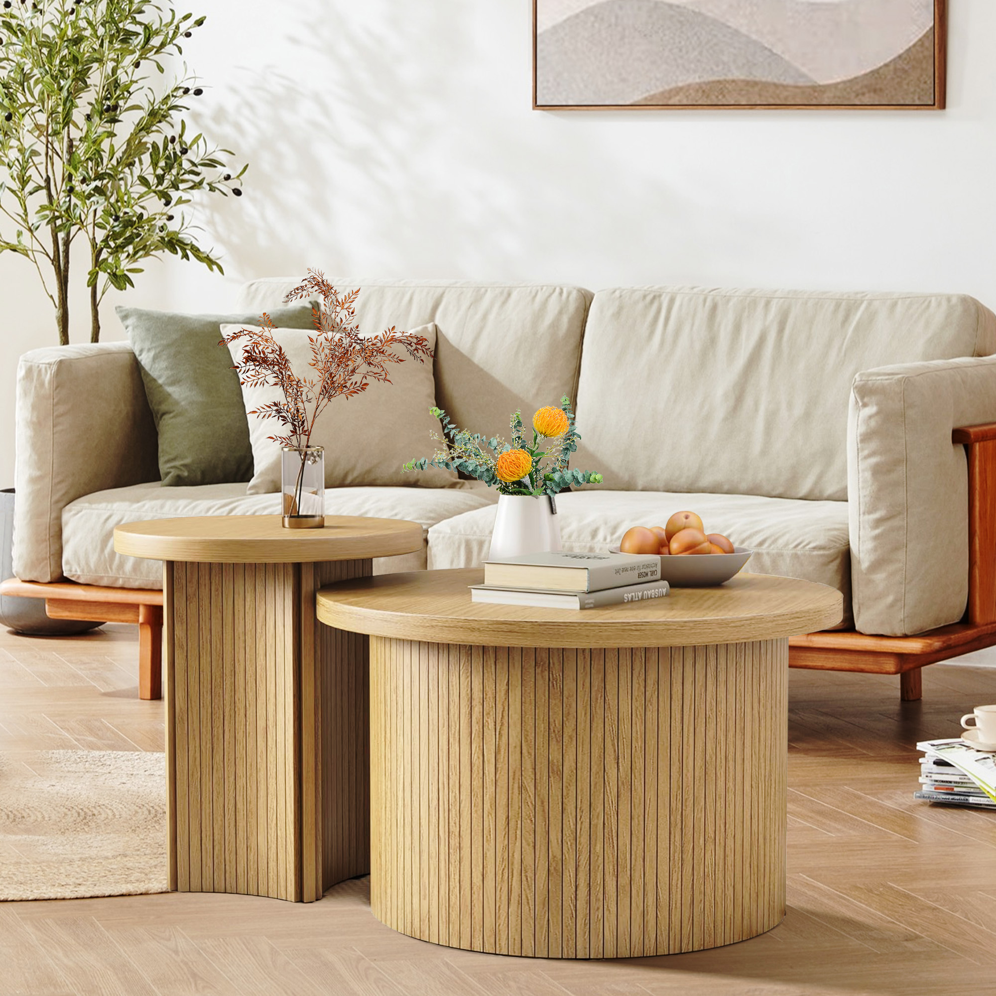 thumbnail video image 2 of Nesting Coffee Tables Set of 2, Round Coffee Tables, Wooden Side Table for Living Room, Natural, 2 of 10