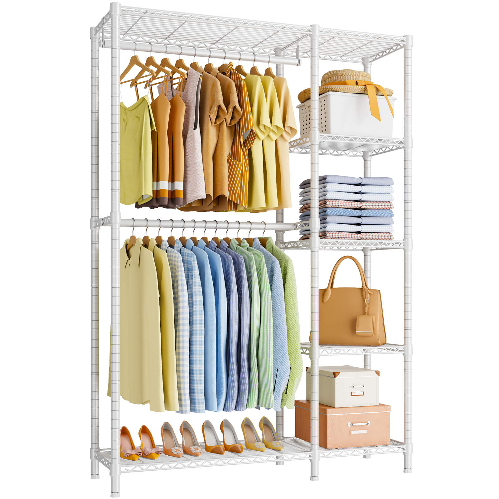 thumbnail video image 2 of Ulif F2 Closet Garment Rack, 5 Tiers Freestanding and Height Adjustable Heavy Duty Clothes Storage Organizer with 2 Hanger Rods for Bedroom, 44.8" W x 14.5" D x 79.3" H, White, 2 of 7