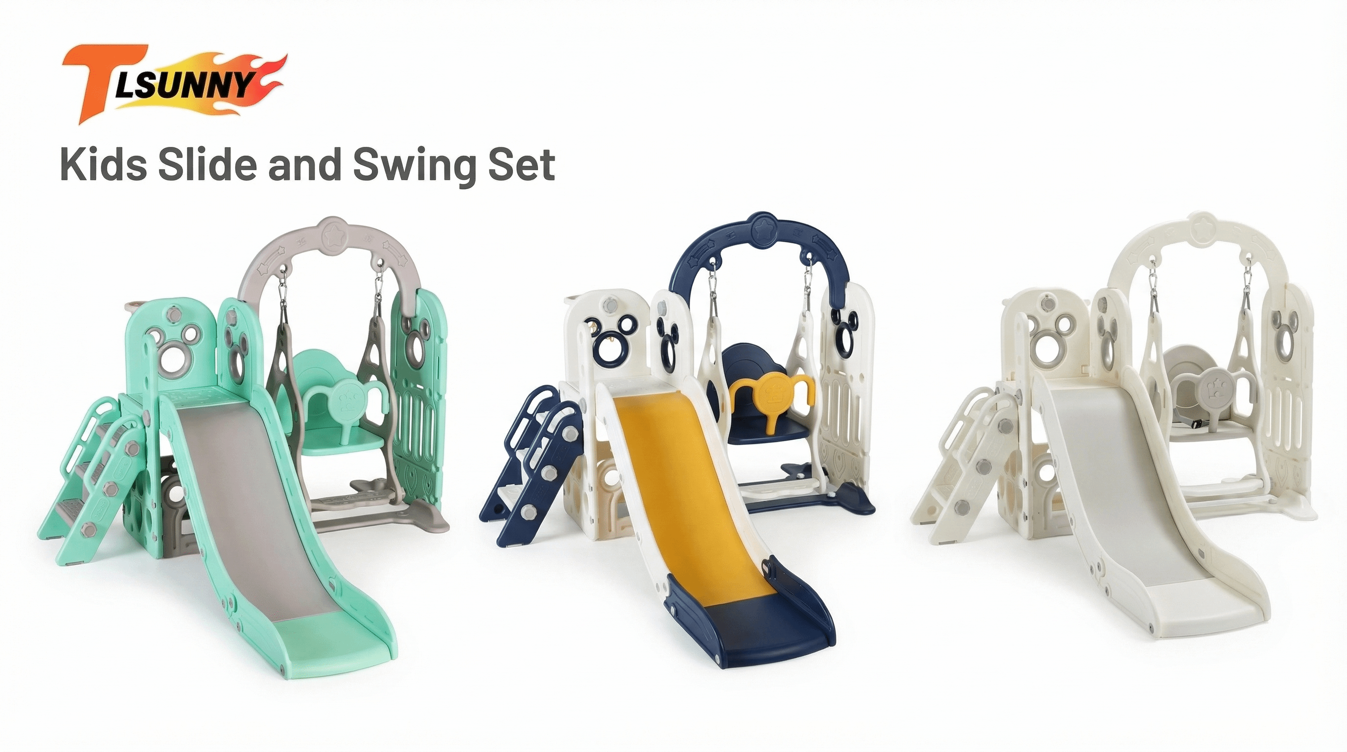 thumbnail video image 2 of TLSUNNY 5-in-1 Kids Slide & Swing Set, Toddler Slide and Climber Playset with Basketball Hoop, Play Ball, Storage, for Backyard, Nursery, 2 of 12