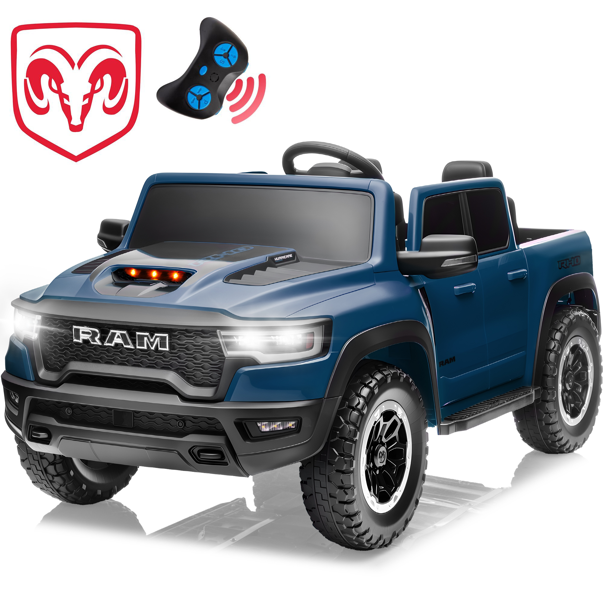 thumbnail video image 2 of RAM 24V Ride on Cars for Tow Kids, RAM 1500 RHO 2 Seat Battery Powered Ride on Toys with Remote Control, 4 Wheels Suspension Trunk, LED Light, MP3 Player, Electric Car for Kids Boy Girl Gift, Blue, 2 of 10