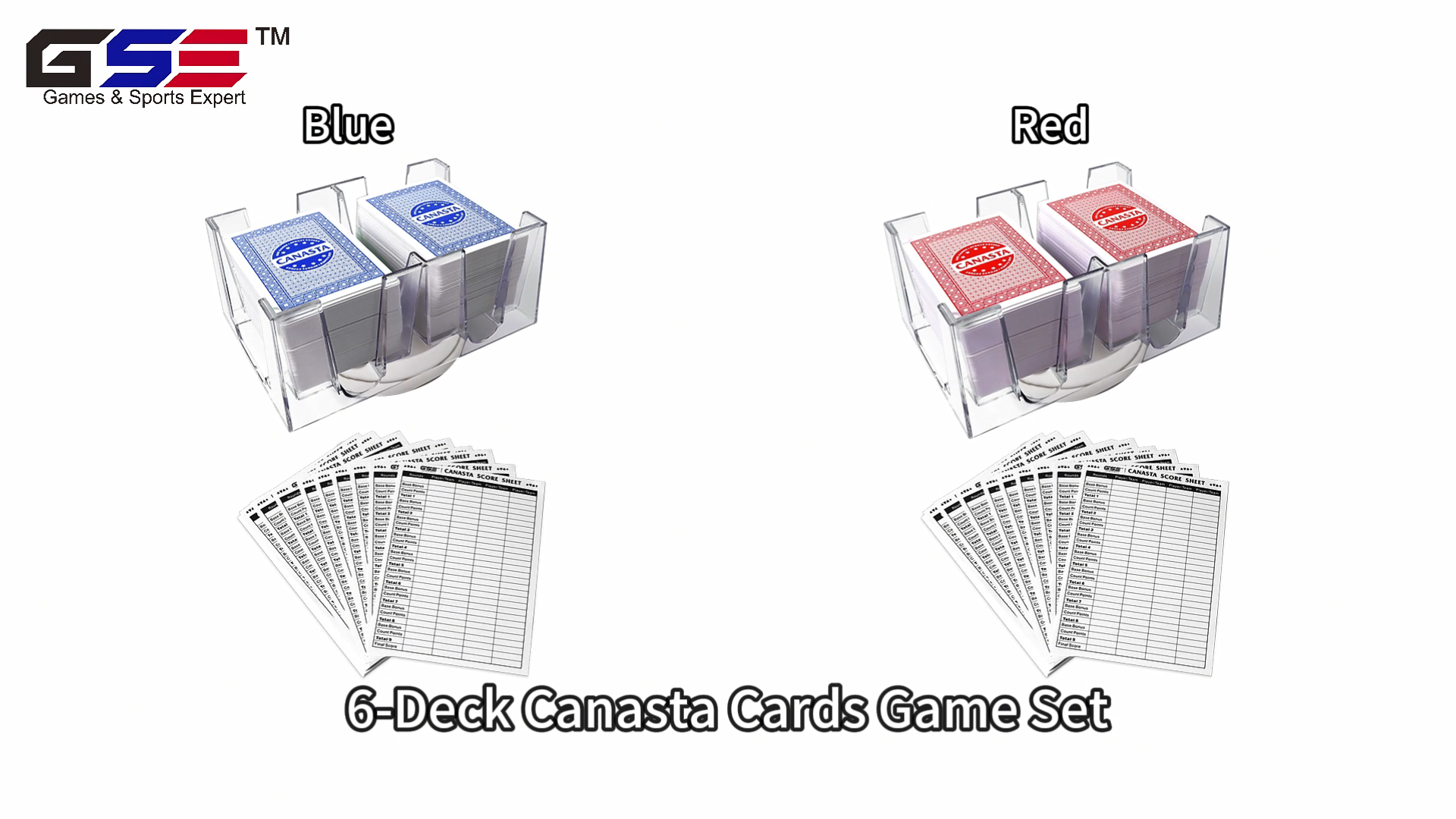 thumbnail video image 2 of GSE Games & Sports Expert Canasta Cards Game Set with 6-Deck Canasta Playing Cards with Point Values, a Revolving Card Holder/Tray & 100 Score Pads, 2 of 6