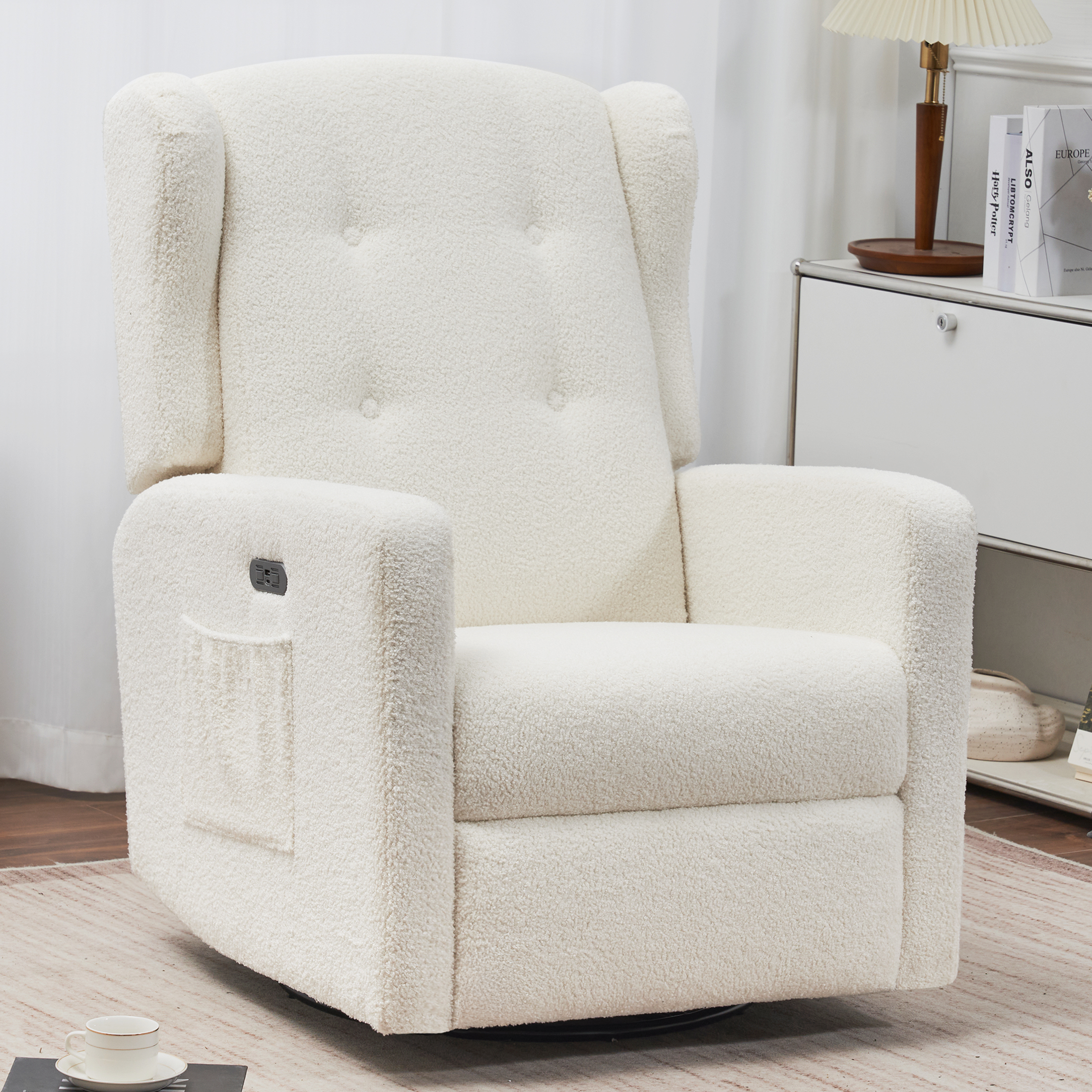 thumbnail video image 2 of Power Swivel Rocking Recliner Chair, Electric Rocker Nursery Glider Chair, USB and Type-C Ports, Upholstered Teddy Fabric Reclining Single Sofa Chair for Living Room (Teddy Beige), 2 of 8