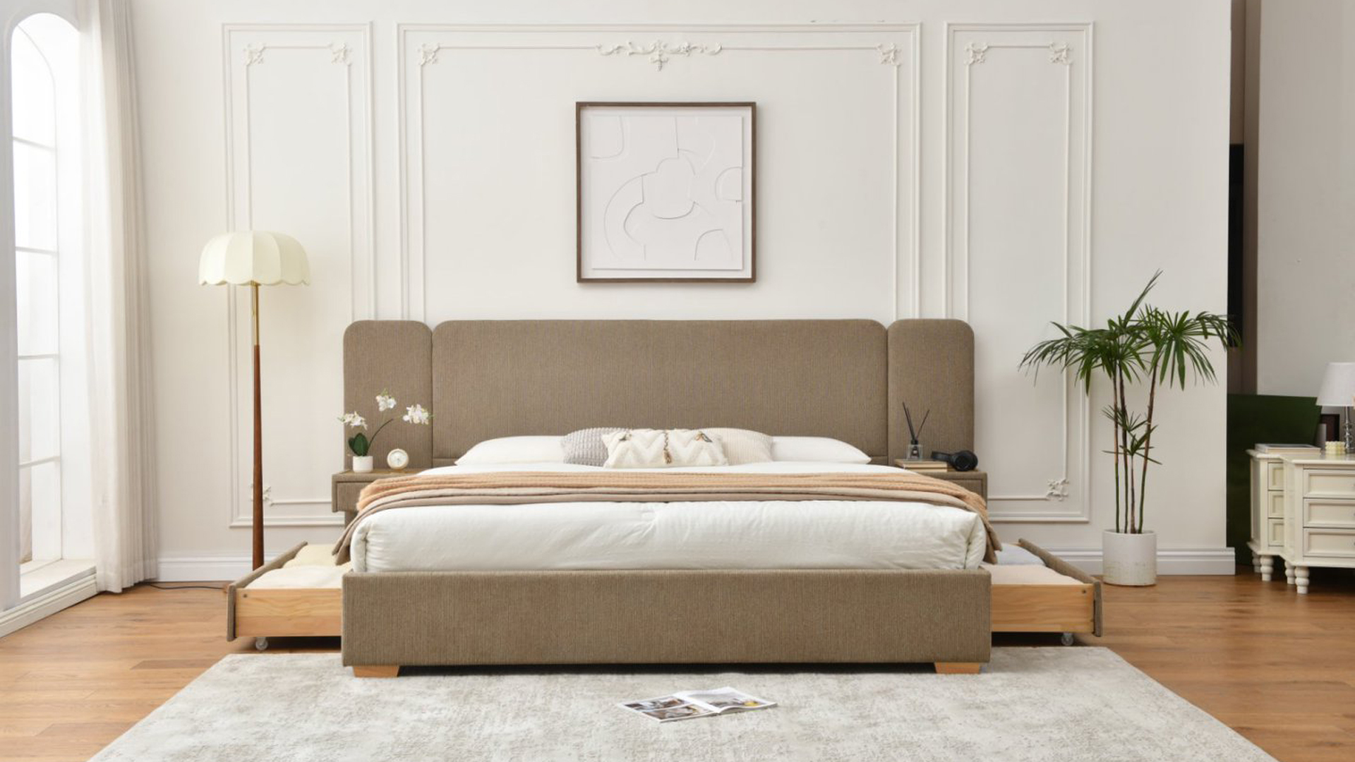 thumbnail video image 2 of Zanmintaobo Queen Size Luxury Bed Frame,Upholstered Headboard,Storage Drawers ,Built-in Nightstand Components,No Box Spring Needed,Easy Assembly,Ocher, 2 of 11