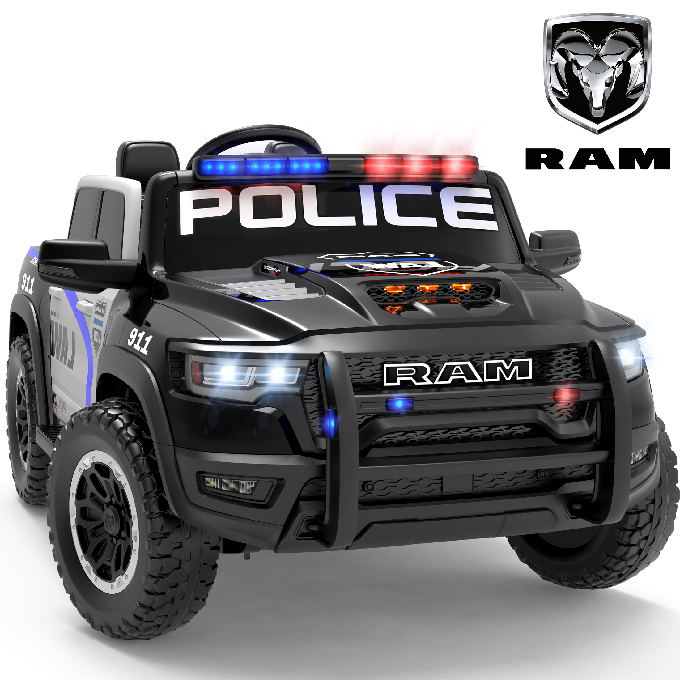 thumbnail video image 2 of 24V Kids Ride on Police Car, Licensed RAM 1500 2 Seater Ride on Car with Remote Control, Bluetooth, LED Lights, Trunk Storage, 4 Wheel Suspension, Ride on Toys for Big Kids Boys Girls Ages 3-8, Black, 2 of 11