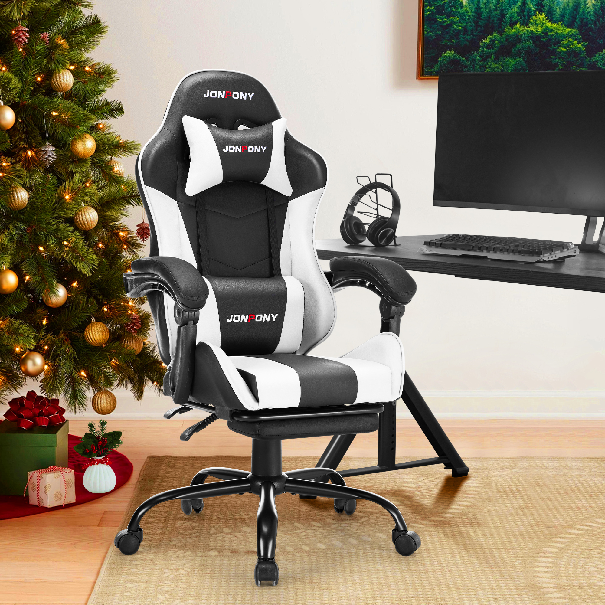 thumbnail video image 2 of JONPONY Big and Tall  Gaming Chair, Ergonomic Design, Gamer Chair PU Leather with Footrest and Lumbar Support, High Back Office Chair Support 8 Hours Long Sitting, Computer Chair,White, 2 of 10