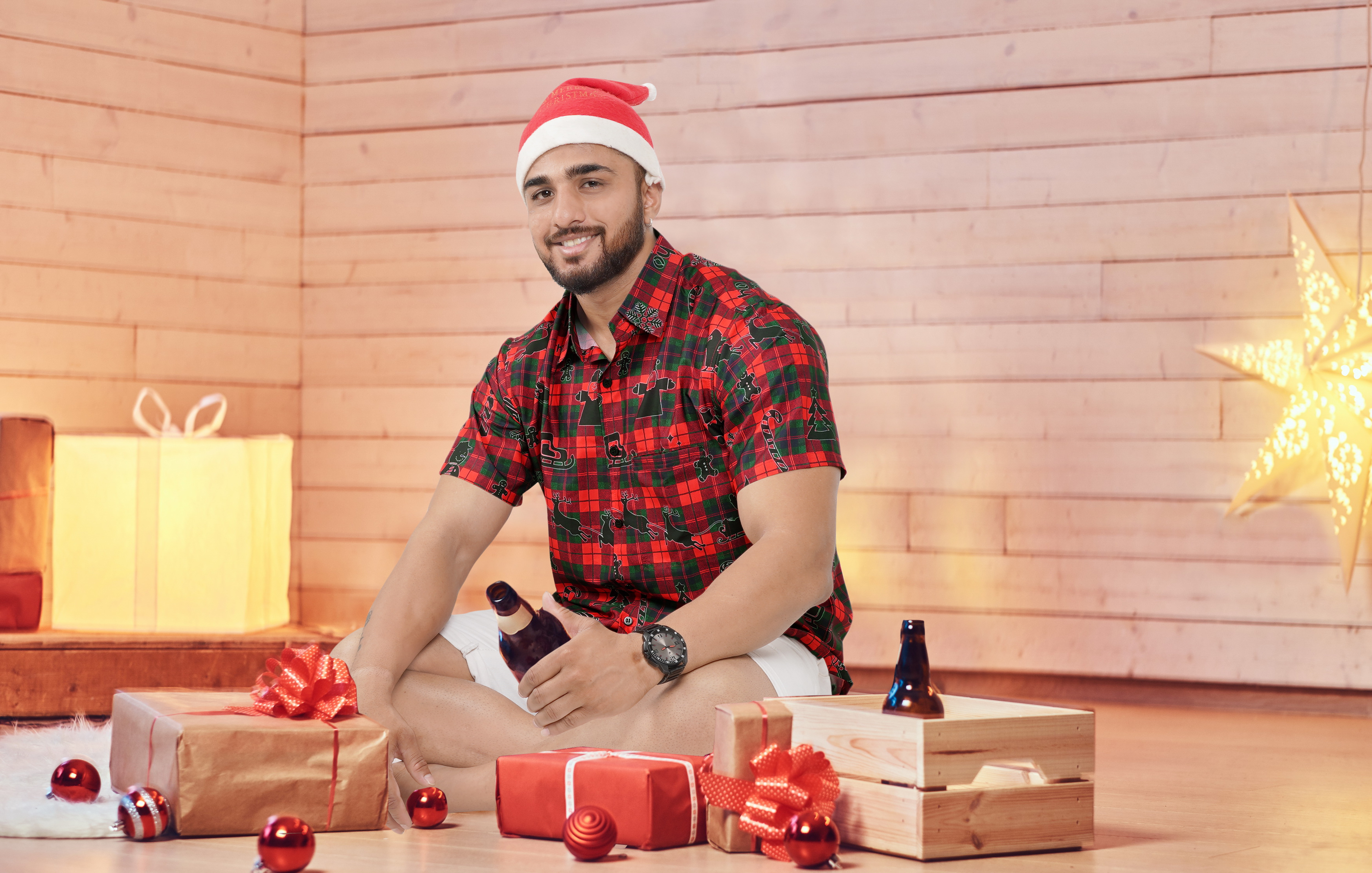 thumbnail video image 2 of HAPPY BAY Men's Beach Button Down Funky Santa Flannel Dress Shirt Vacation Party Ugly Christmas Tree Hawaiian Gifts shirts for Men 3XL Xmas Checks, Red, 2 of 6