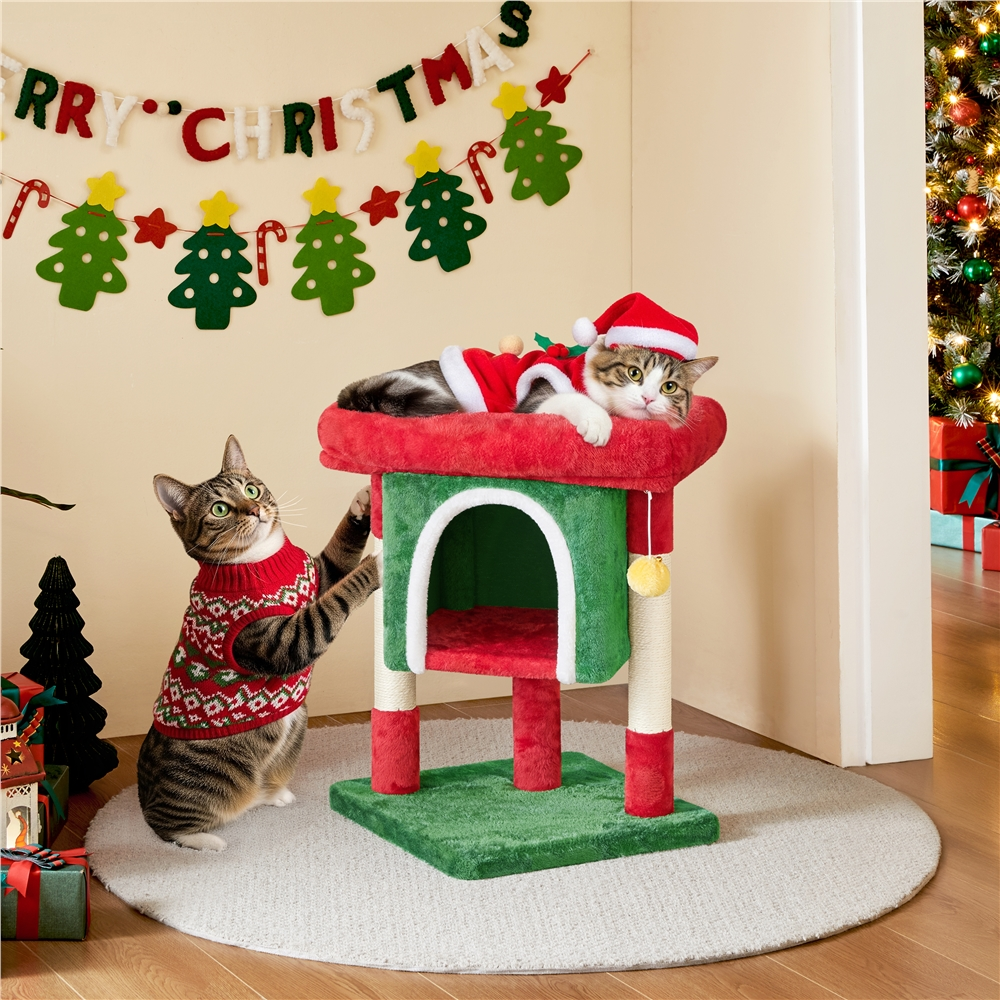 thumbnail video image 2 of Yaheetech 23.2″ H Spacious Cat Tree with Wide Top Perch for Indoor Cats, Red/Green, 2 of 8