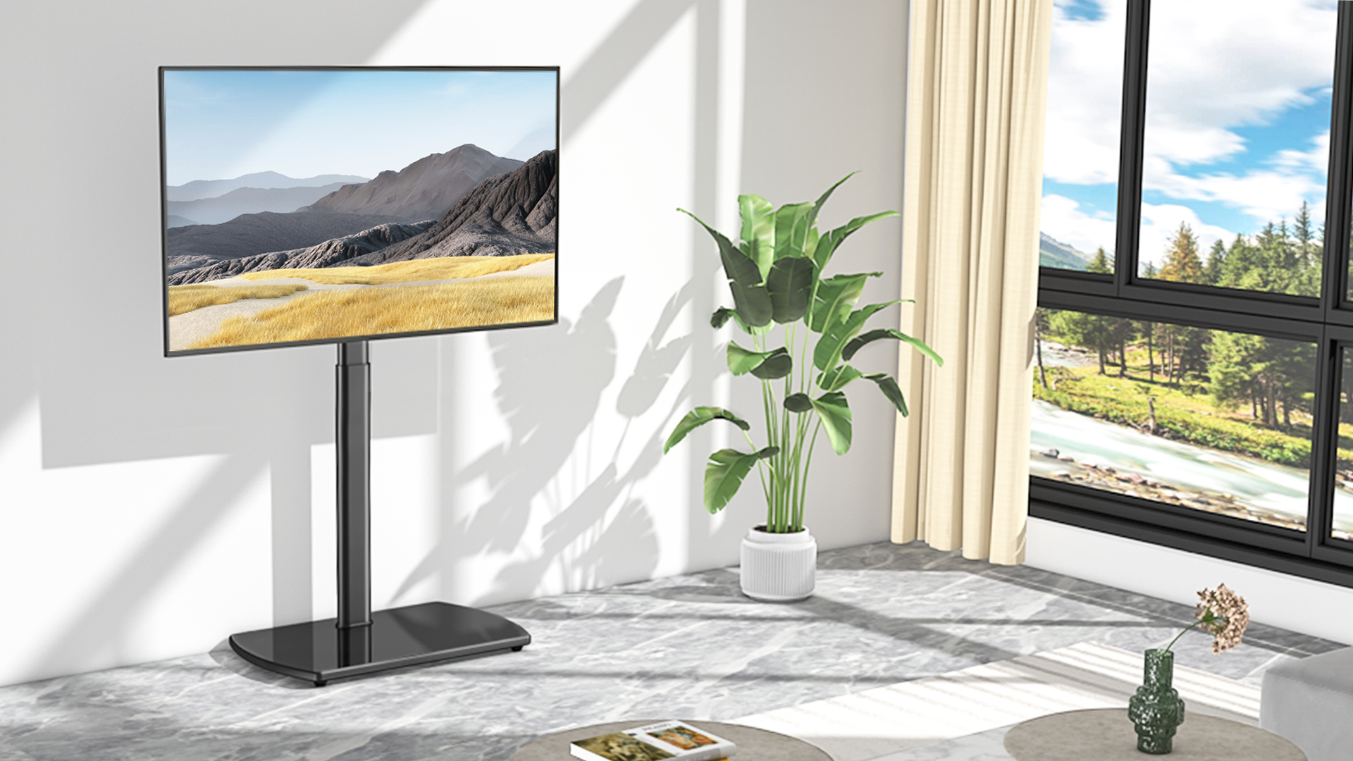 thumbnail video image 2 of RTVR Modern Floor TV Stand for 26 to 65 inch Flat Curved Screens, Black Apple TV Roku Ultra Mount for Bedroom, 2 of 12