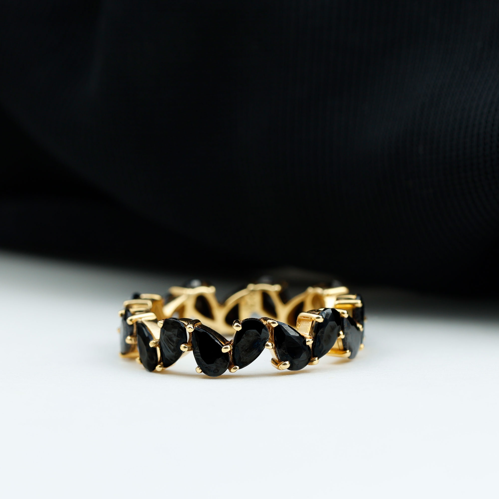 thumbnail video image 2 of Rosec Jewels Elegant 2.75 CT Black Onyx Eternity Ring, Pear Shape Black Onyx Full Eternity Ring, December Birthstone Ring, 14K Yellow Gold, US 8.00, 2 of 9