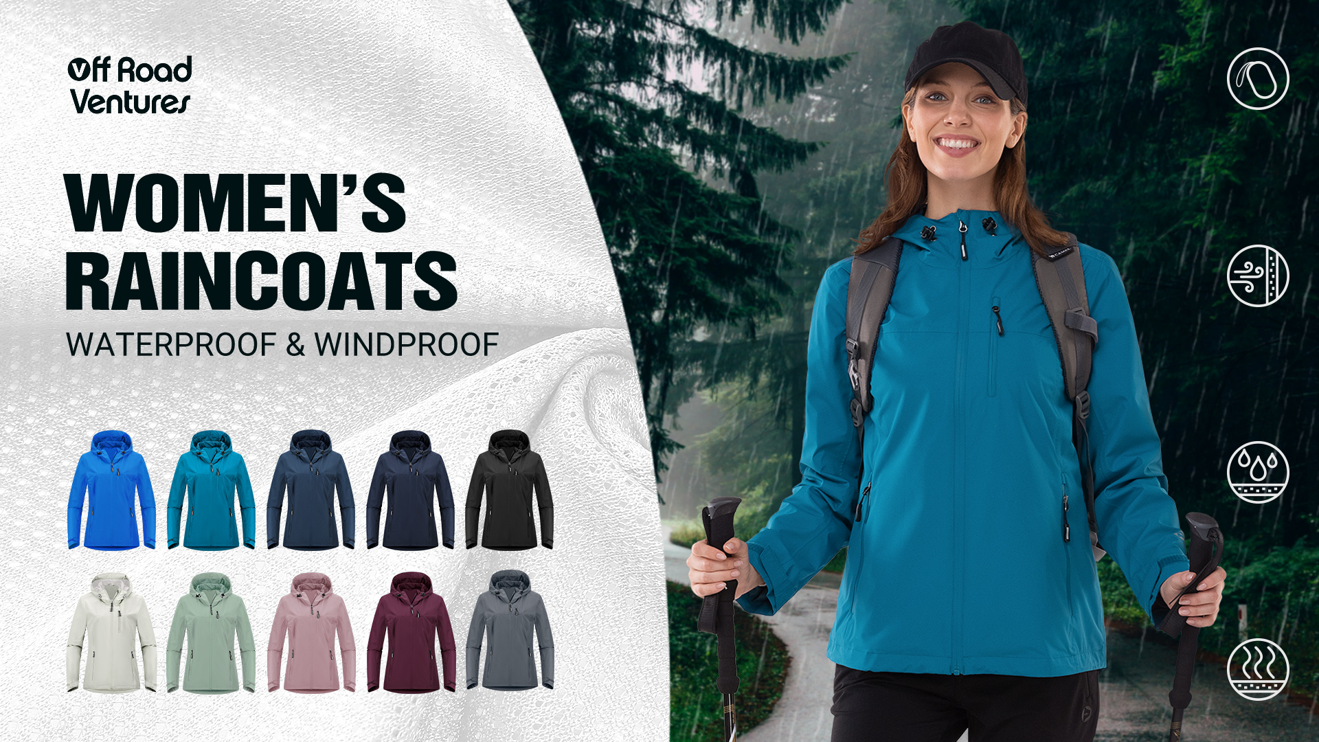 thumbnail video image 2 of Off Road Ventures Women's Packable Rain Jacket Waterproof Lightweight Windbreaker Rain Coat with Pockets for Cycling Bike, 2 of 7