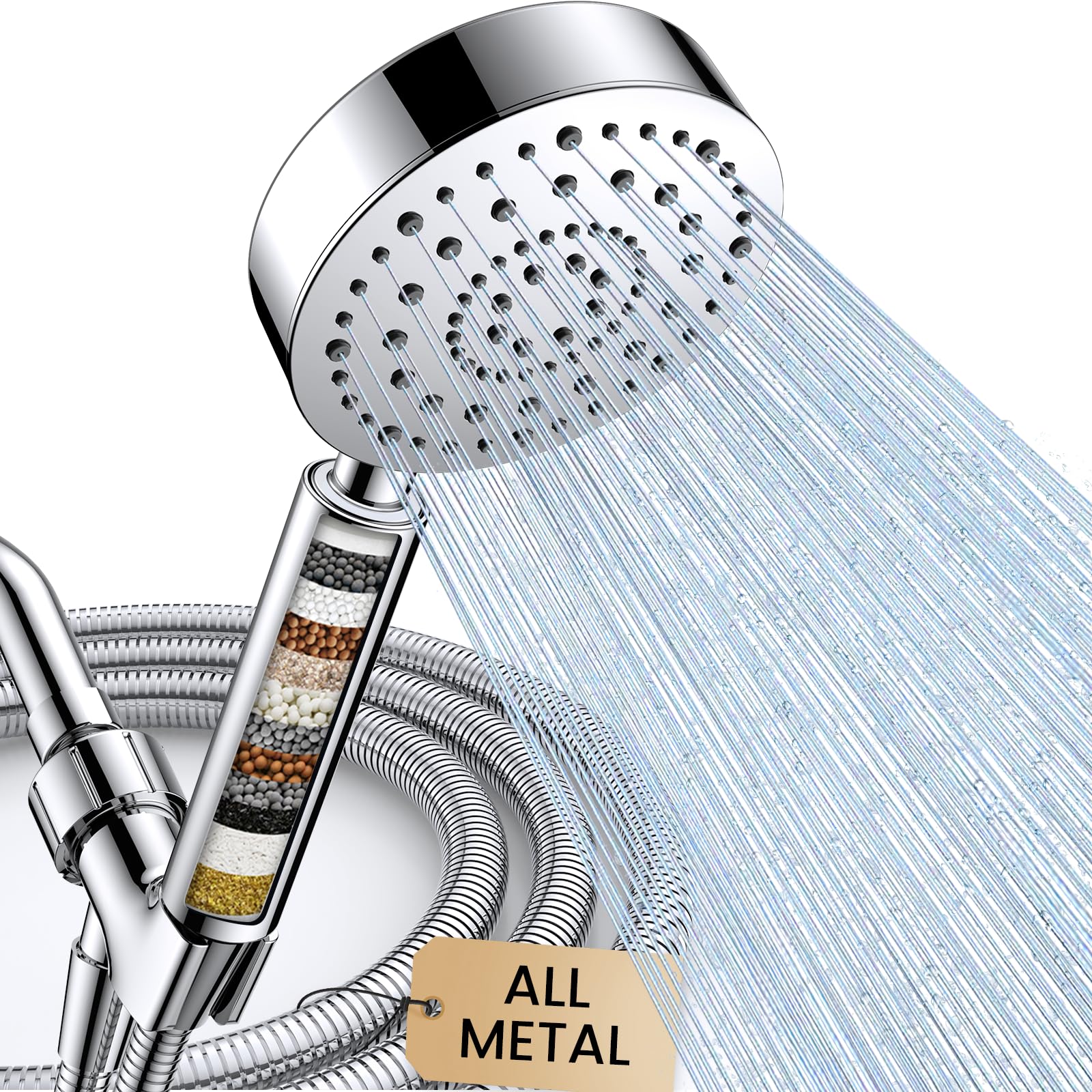 thumbnail video image 2 of FEELSO All Metal Shower Head with Handheld, 6 Spray High Pressure Shower Head with Filters for Hard Water, Extra-long 72" Hose & Brass Holder, 2 of 11