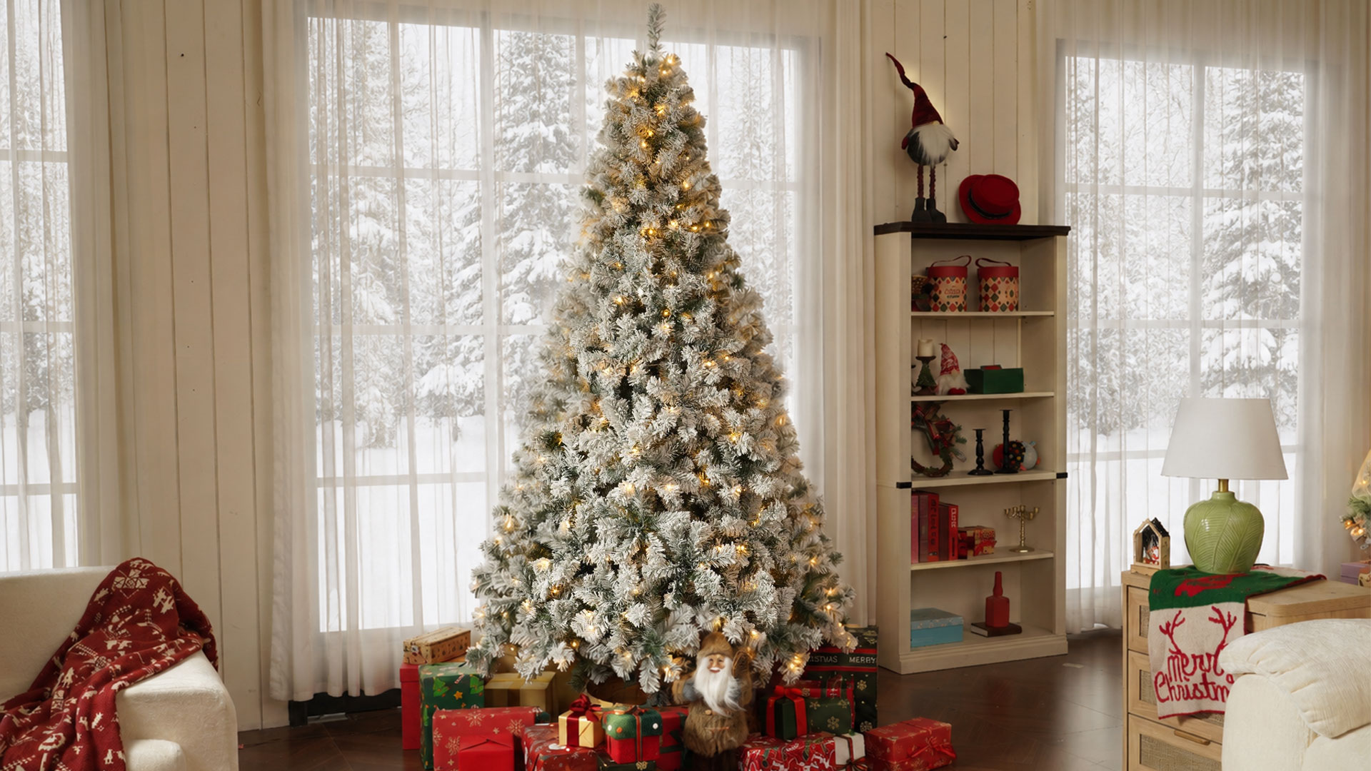 thumbnail video image 2 of Yexmas 7.5ft Pre-Lit Snowflake Flocked Christmas Tree,8 Modes LED Lights,Artificial Xmas Tree with Storage Bag, 2 of 19