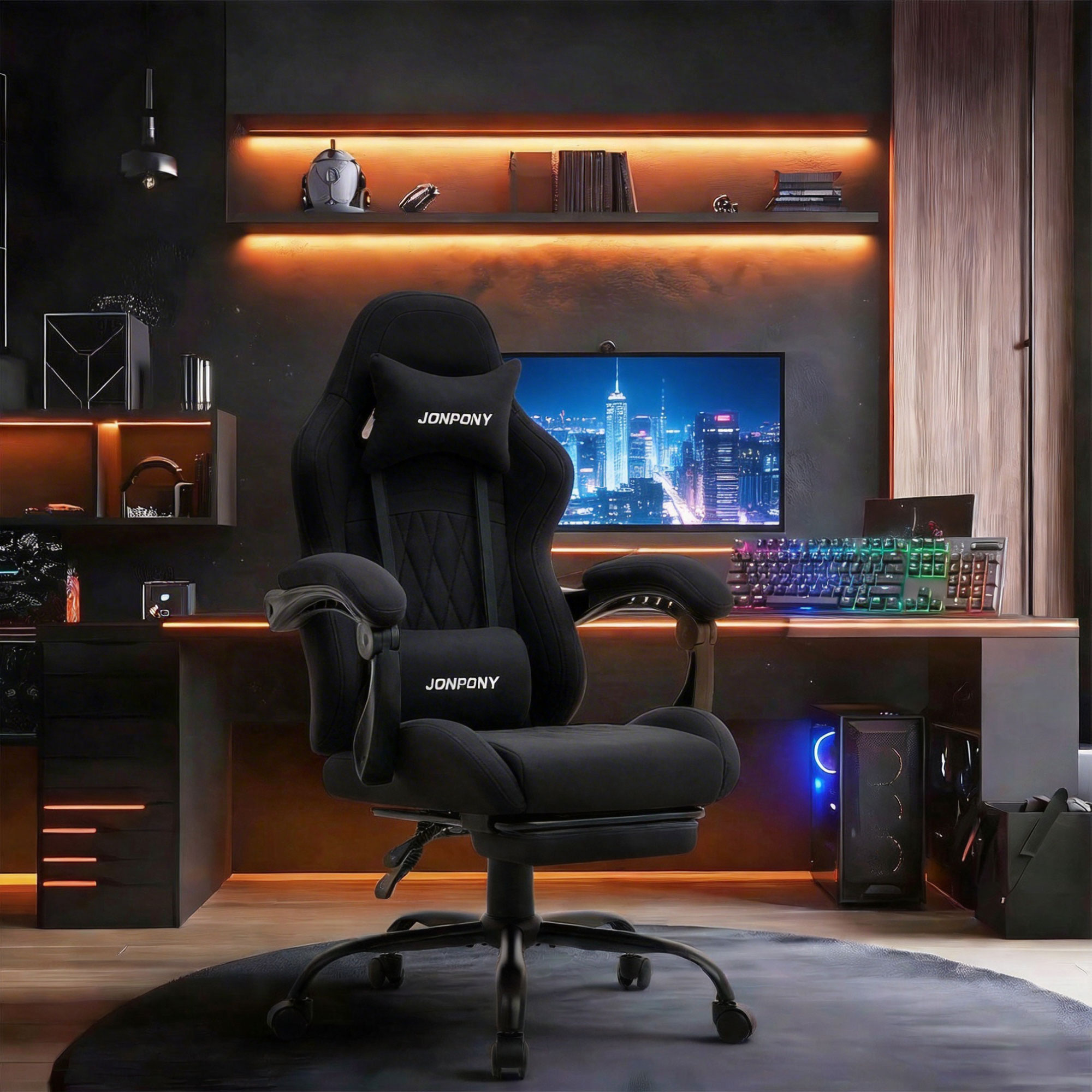thumbnail video image 2 of JONPONY Big and Tall Gaming Chair with Bluetooth Speakers, Ergonomic Computer Chair with Footrest and Lumbar Support, Adjustable Height Reclining Seat with Linkage Armrests for Adults,Black, 2 of 10