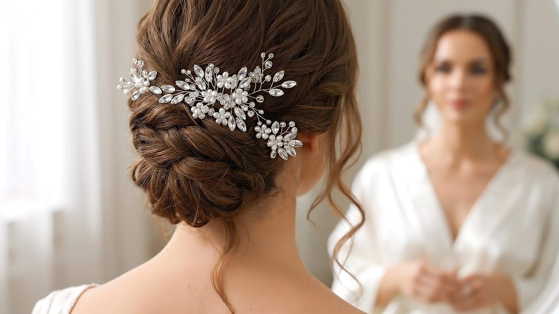 thumbnail video image 2 of MIALLO Women's Silver Floral Hair Jewelry Set - Sparkling Vine Side Comb and Bobby Pins for Bride, Party, and Special Occasions, 2 of 8