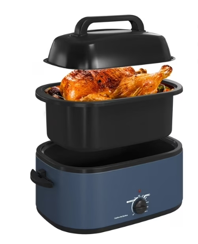 thumbnail video image 2 of Royalcraft 22 Quart Electric Turkey Roaster Oven with Visible Glass Lid,Removable Pan & Rack, Stainless Steel,Blue, 2 of 12