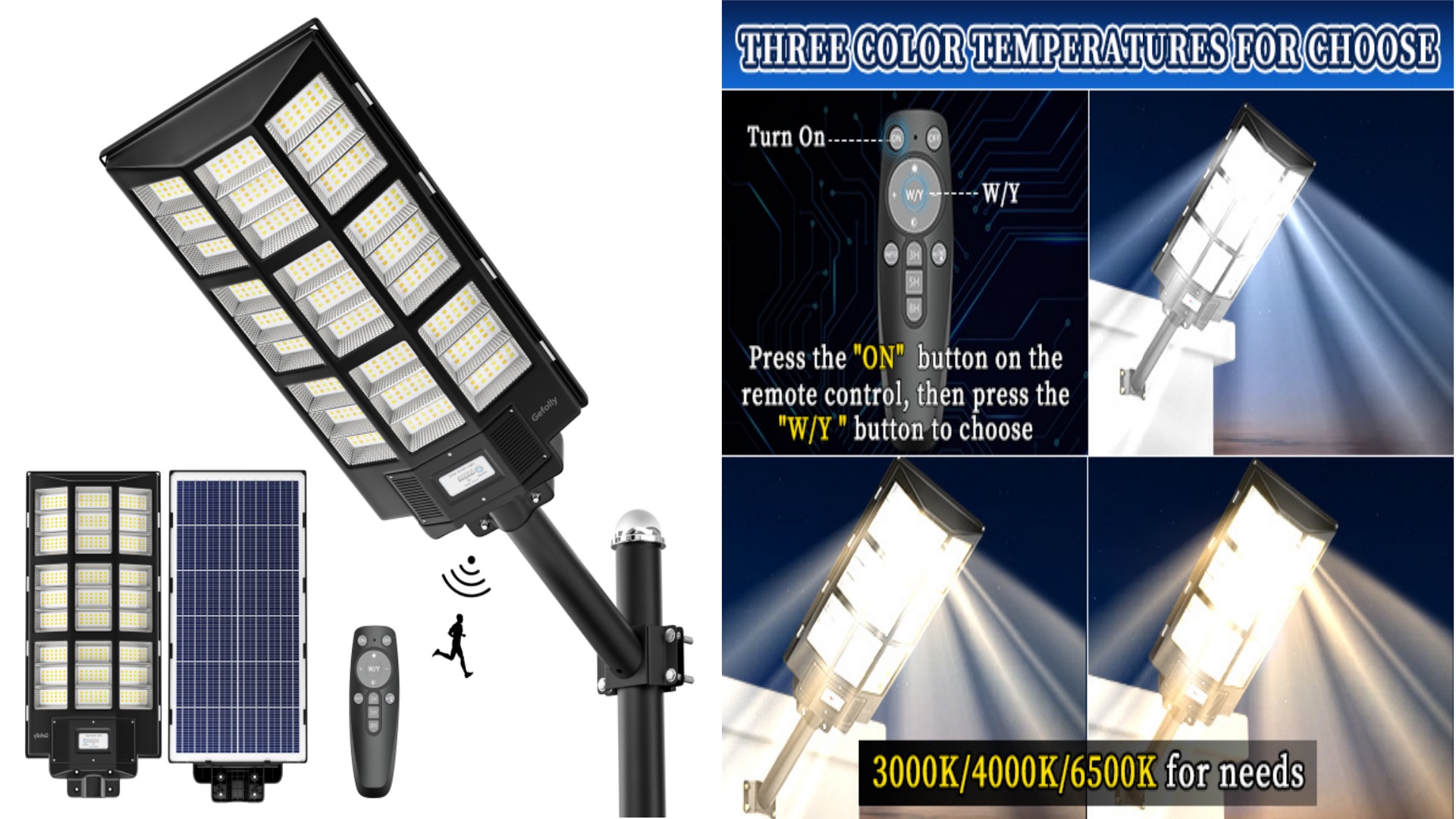 thumbnail video image 2 of Gefolly 12800W Solar Street Light, Outdoor Waterproof Dusk to Dawn LED Parking Lot Light with Motion Sensor, 2 of 12
