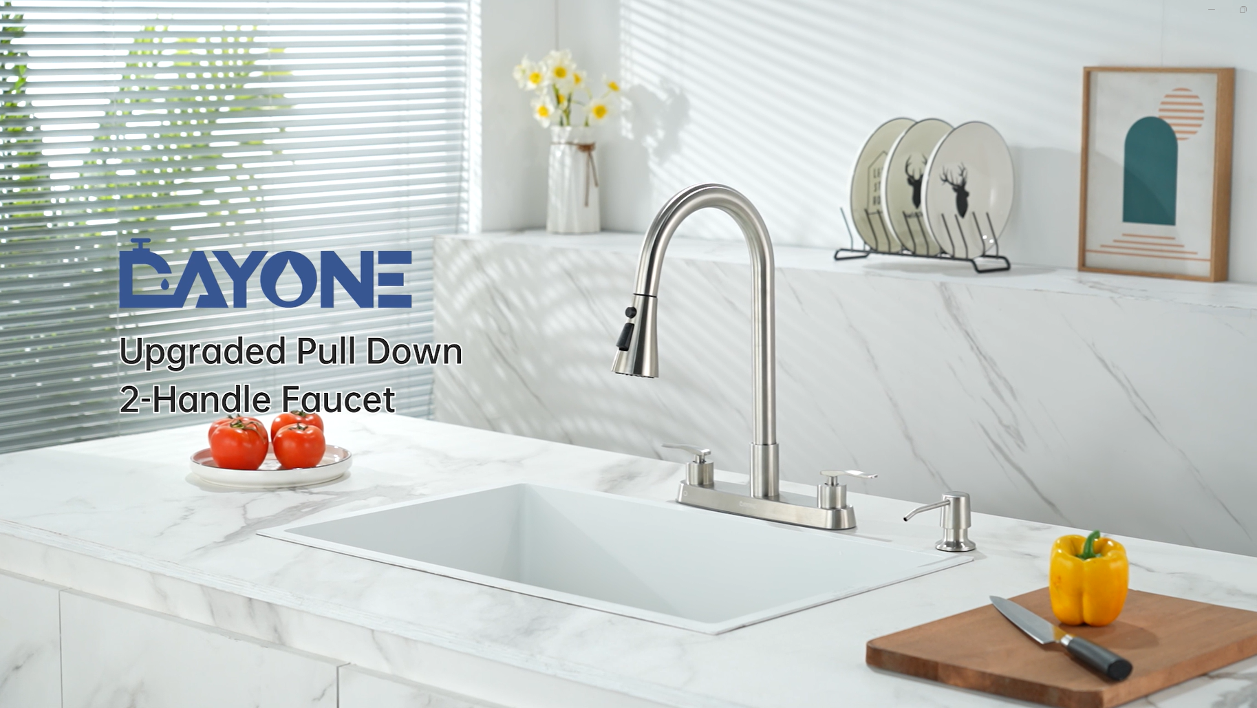thumbnail video image 2 of DAYONE 2 Handle Kitchen Faucet with Pull Down Sprayer, 4 Holes Sink Faucets for Kitchen/RV with Soap Dispenser Stainless Steel, Brushed Nickel, 2 of 7
