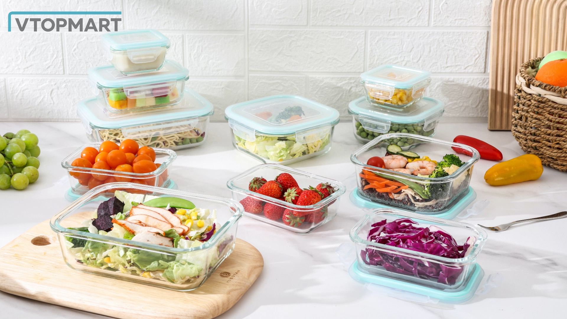 thumbnail video image 2 of Vtopmart 7 Pack Glass Food Storage Containers, Meal Prep, Airtight Bento Boxes with Leak Proof Locking Lids, 2 of 7