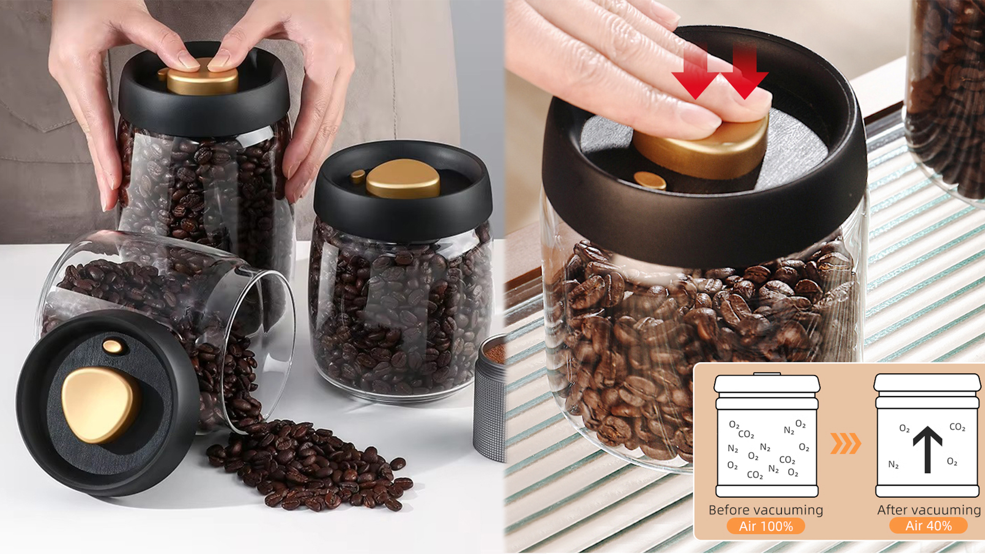 thumbnail video image 2 of Glass Coffee Canister Set with Airtight Lid 4pcs Vacuum Seal Coffee Beans Containers Jars Kitchen Food Storage Tanks for Sugar,Candy,Spices,Oats,Pasta （7oz,13oz,18oz,21oz), 2 of 8
