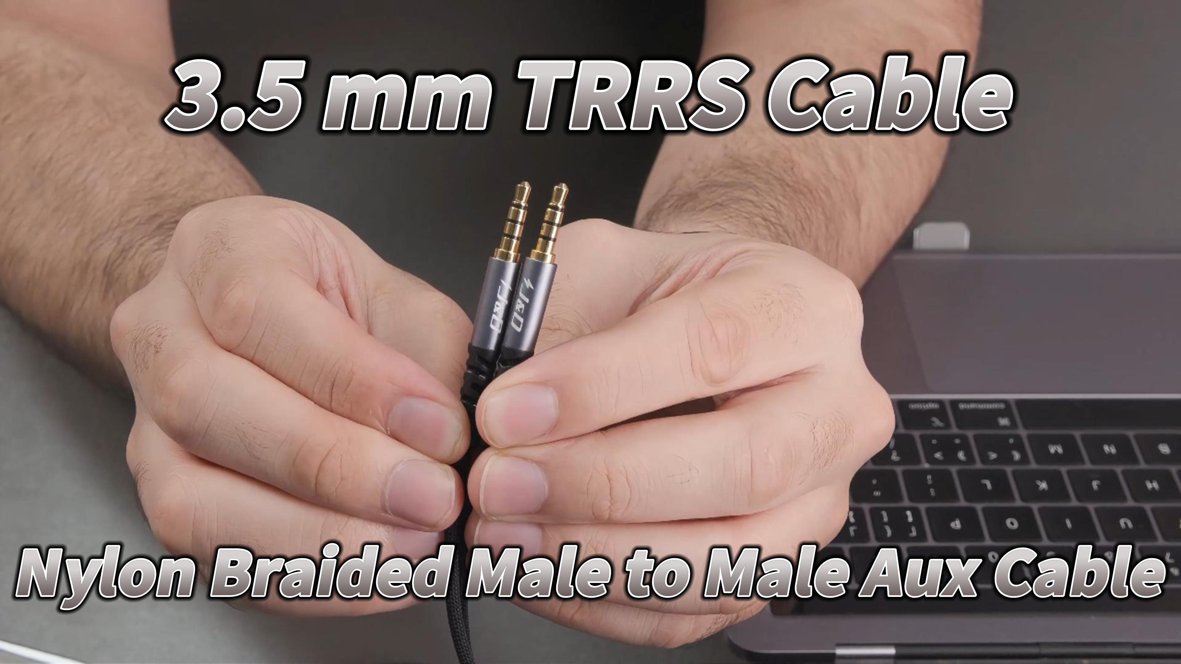 thumbnail video image 2 of J&D 3.5mm TRRS M/M Aux Cable, Nylon Braided, Gold-Plated Plugs, Aluminum Alloy Shell, 6.6 ft, Grey, 2 of 9