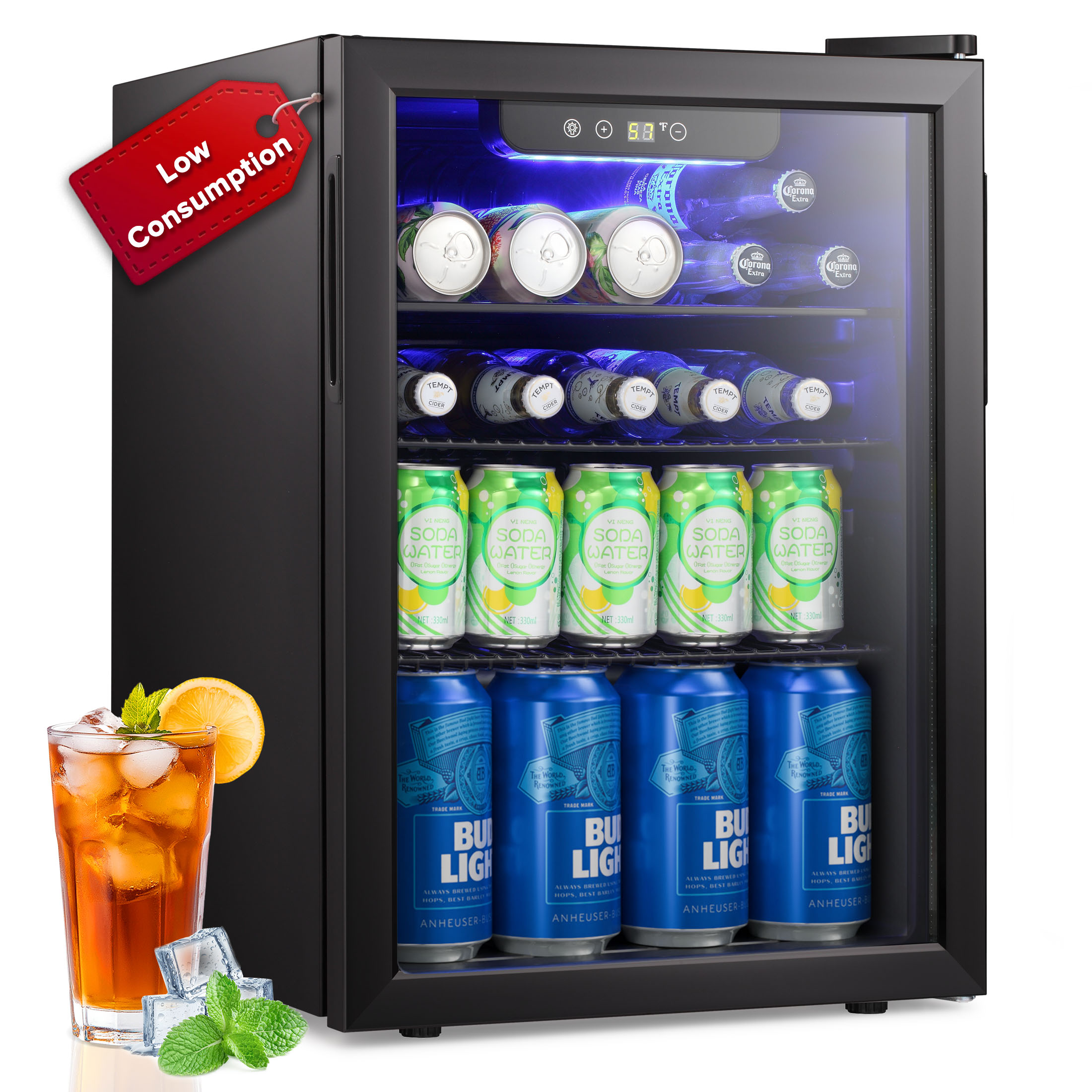 thumbnail video image 2 of 100-Can Beverage Refrigerator with Double Glass Door, Energy Efficient Wine Cooler Mini Fridge, Air Cooled Frost Free for Home/Office/Bar, 2 of 14