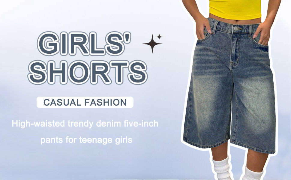 thumbnail video image 2 of KVPLBQFD Girls Jean Shorts Y2k Straight Wide Leg Baggy Denim Shorts for Teens Trendy Vintage Jorts Tween Hip Hop Skateboard Style Jeans Girl Summer Clothes, 2 of 9
