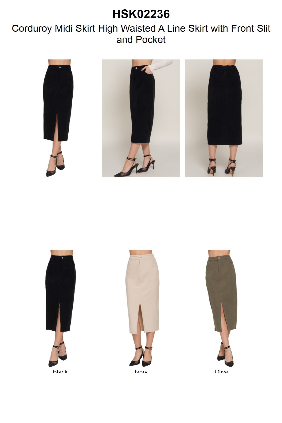 thumbnail video image 2 of FashionStream Women's Relaxed Fit Corduroy Pencil Skirt Black, 2 of 5