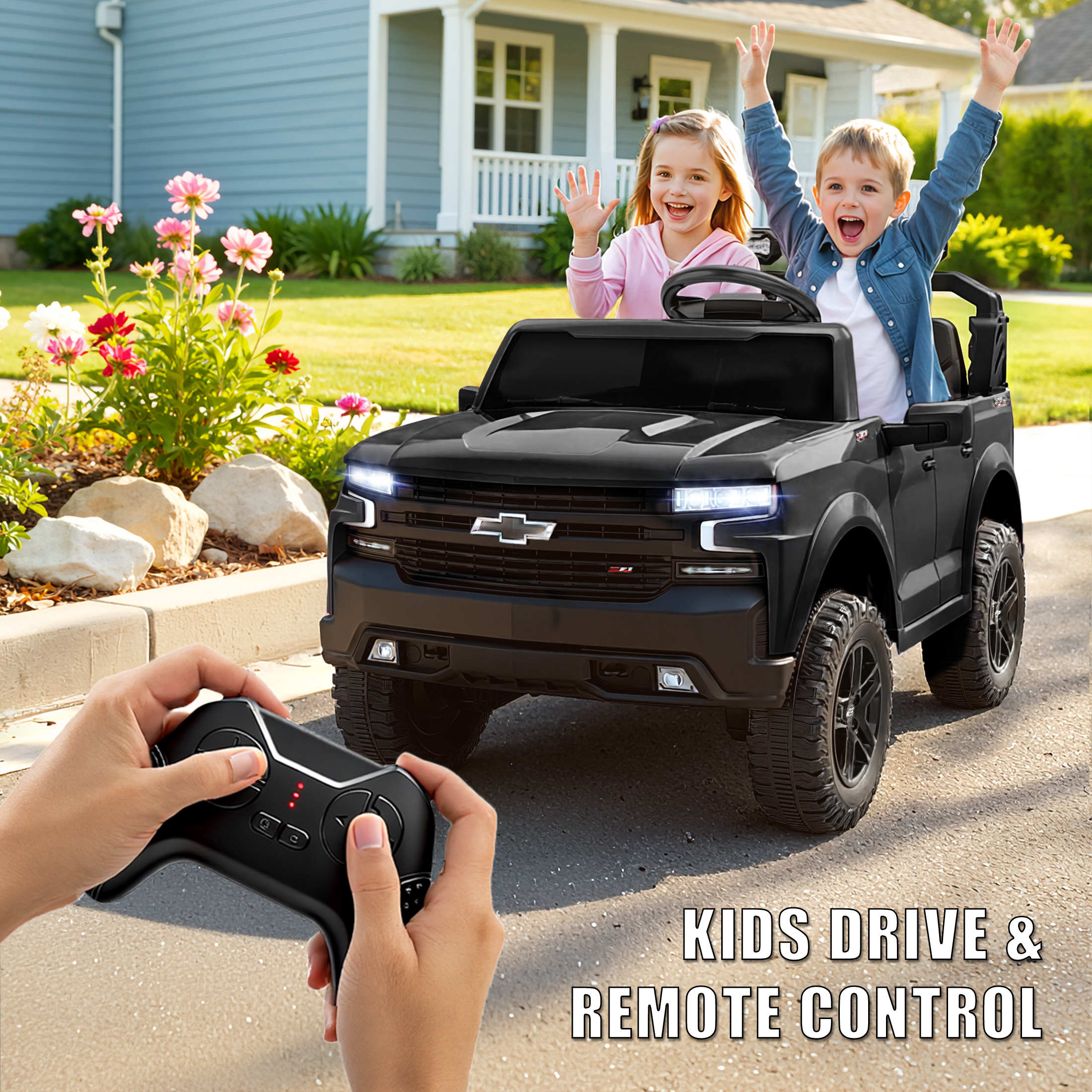 thumbnail video image 2 of Chevrolet Silverado 24V Ride on Cars, Real 2 Seat Battery Powered Ride on Toys with Remote Control, 4 Wheels Spring Suspension, LED Light, MP3 Player, Electric Car for Kids Boys Girls Gifts, Black, 2 of 9