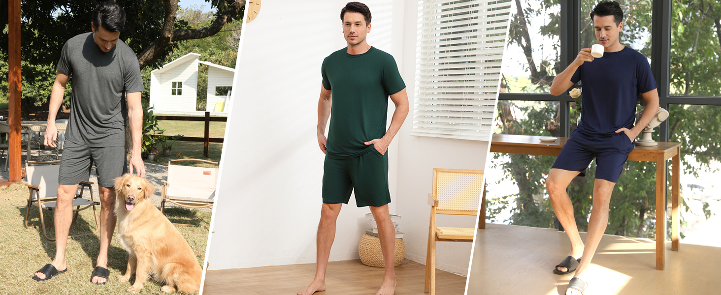 thumbnail video image 2 of DG Hill Rayon Mens Pajamas Set, Summer Cool Pants Short Soft pjs for Men, Mens pjs Shorts and Top, Black XL, 2 of 9