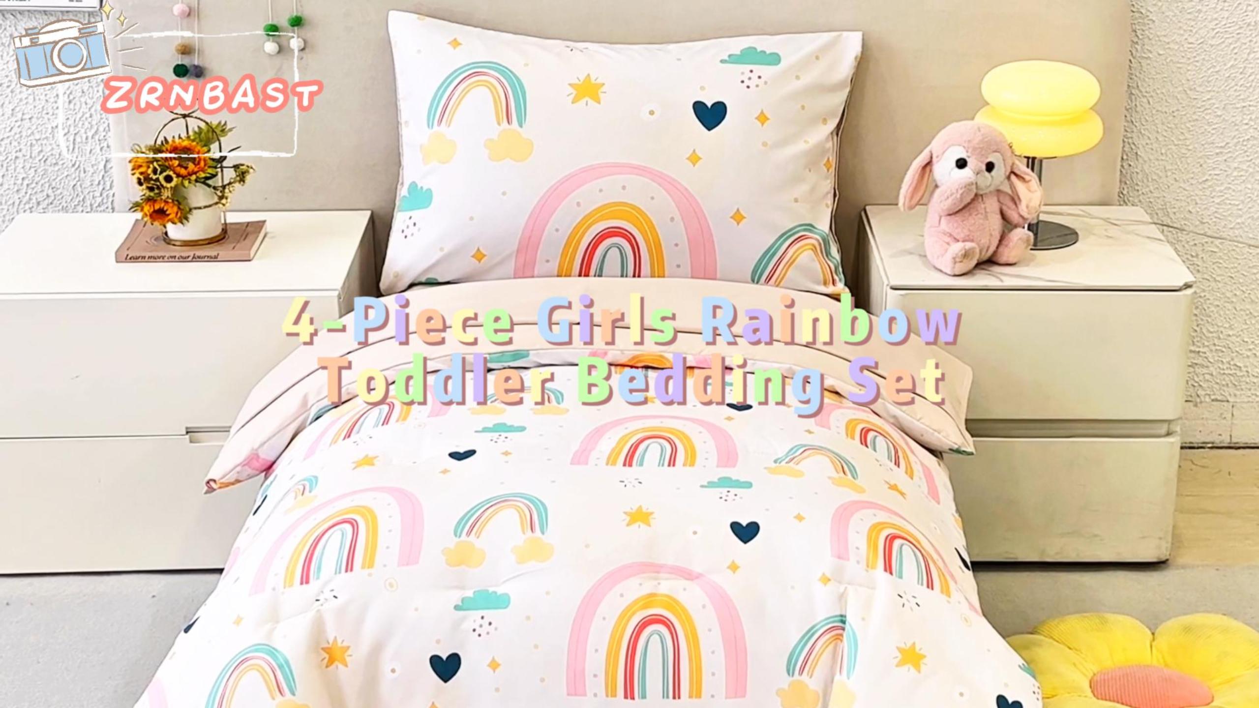 thumbnail video image 2 of ZRNBAST 4 Piece Girls Toddler Bedding Set, Colorful Love Hearts Rainbow Bedding Set for Baby Girls, White, 2 of 8