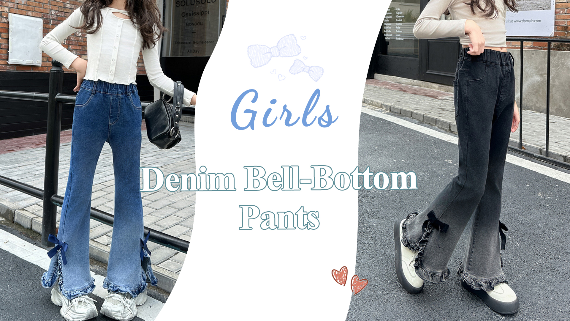 thumbnail video image 2 of Happy Cherry Flare Jeans Pants for Girls Bell Bottom Pants Cute Bow Kid Denim Trousers Flare Leg Elastic Waist Skinny Bottoms with Pockets 5-6 Years, 2 of 7