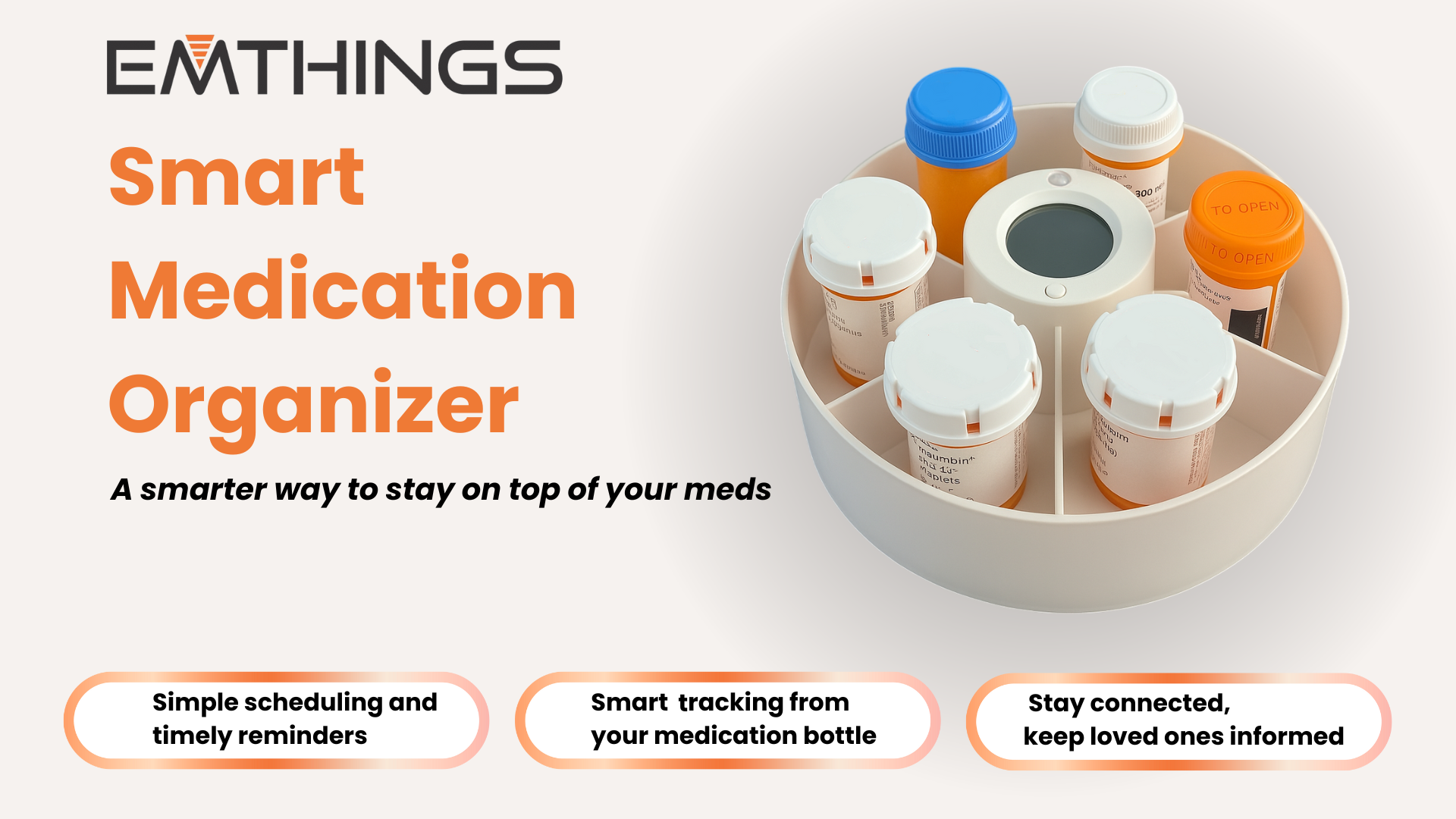 thumbnail video image 2 of EMTHINGS Smart Medication Organizer, Smart Pill Box Uses Original Pills Bottles, Device Alerts & Mobile Notifications, Flexible Scheduling, Share Notification, Dosage History View, Wi-Fi Enabled, 2 of 10