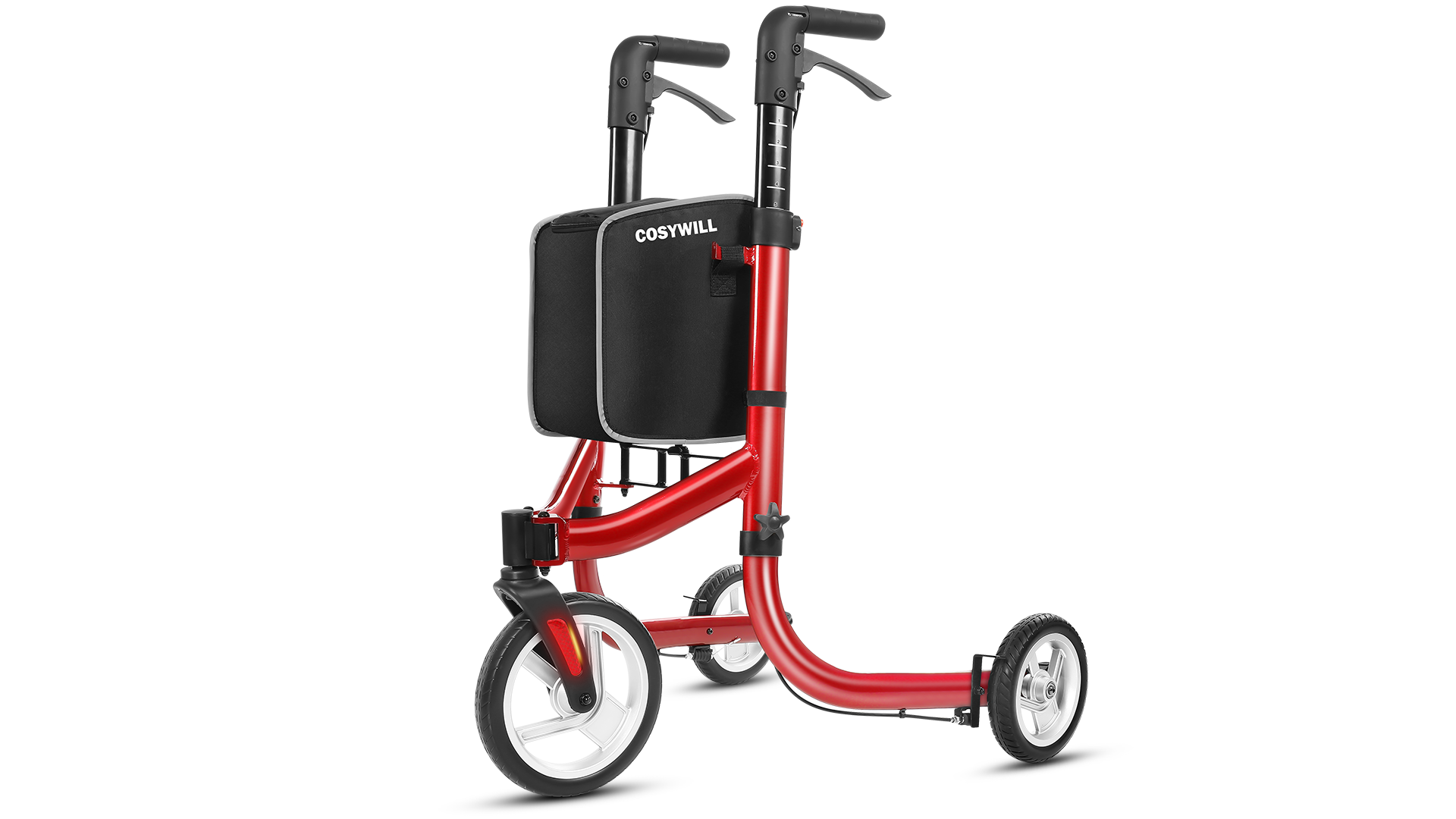 thumbnail video image 2 of COSYWILL 3 Wheel Rollator Walkers for Seniors,Ultra Lightweight Foldable Walker for Elderly with Storage Bag, 10" Three Wheel Modern Mobility Walking Aid Aluminum,Red, 2 of 8