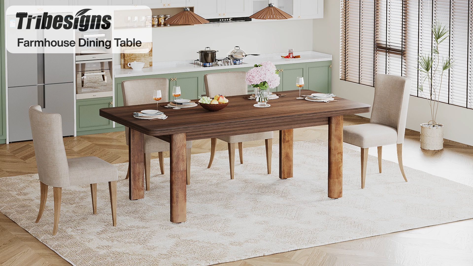 thumbnail video image 2 of Finmind Wood Dining Table for 4-6 People, 63-Inch Farmhouse Kitchen Table with Solid Wood Legs, Rectangular Dinner Table for Dining Room, Kitchen, Living Room, 2 of 8