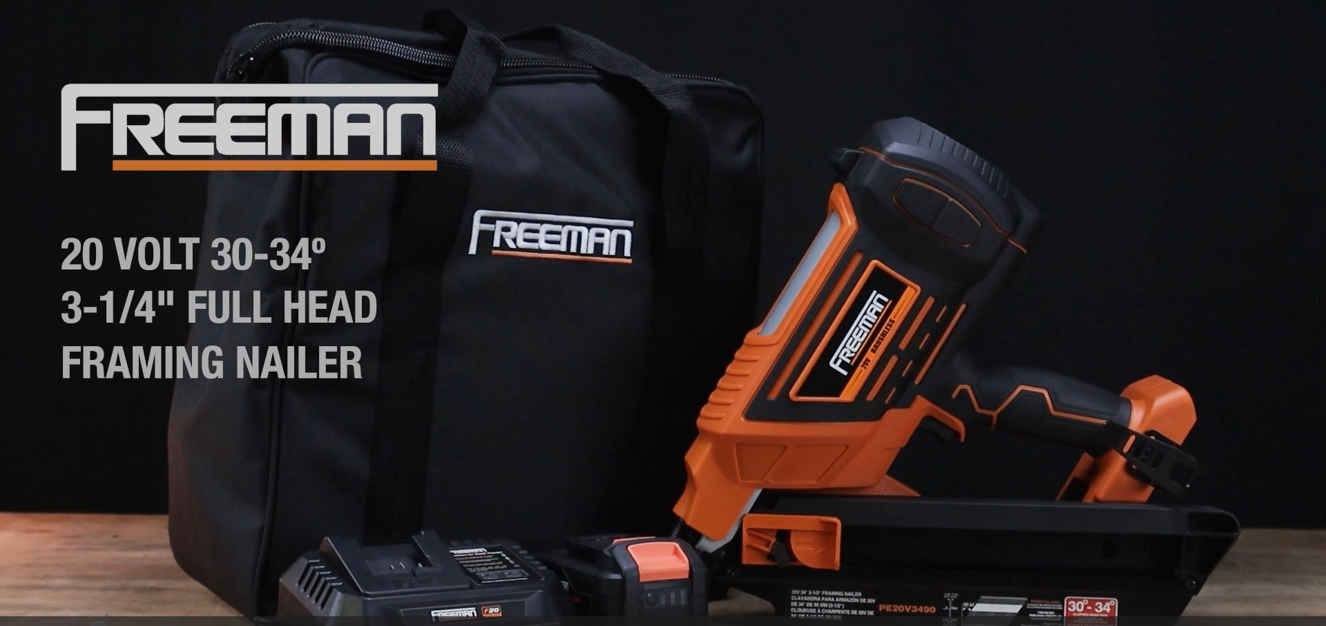 thumbnail video image 2 of Freeman PE20V3490 20 Volt Cordless and Brushless 34 Degree 3-1/2" Framing Nailer Kit with Lithium Ion Battery, Charger, and Bag – 750 Shots per Charge, 2 of 8