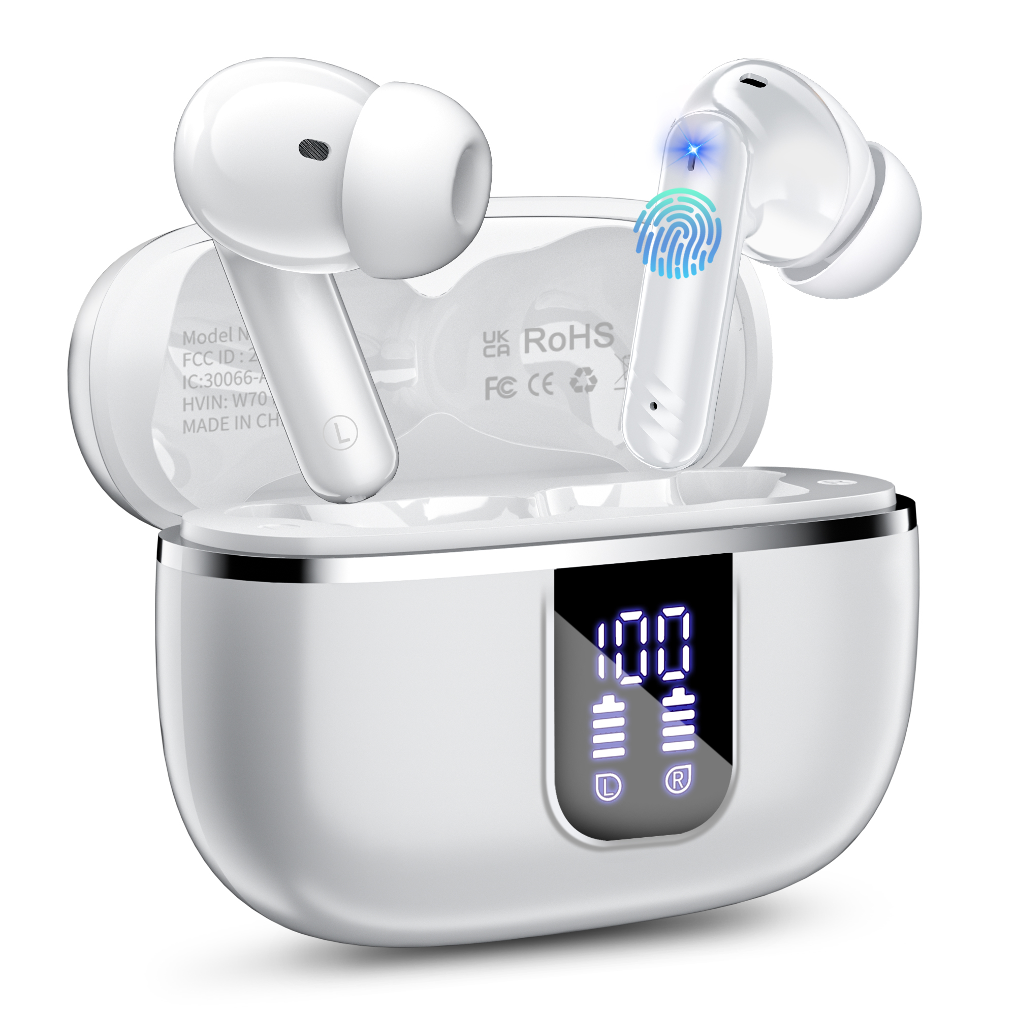 thumbnail video image 2 of Wireless Earbuds Bluetooth Noise Cancelling Ear Buds for iPhone Android Sports Workout, 38H Playtime, Microphone Deep Bass Stereo, LED Display, Waterproof in Ear Earphone, White, 2 of 7