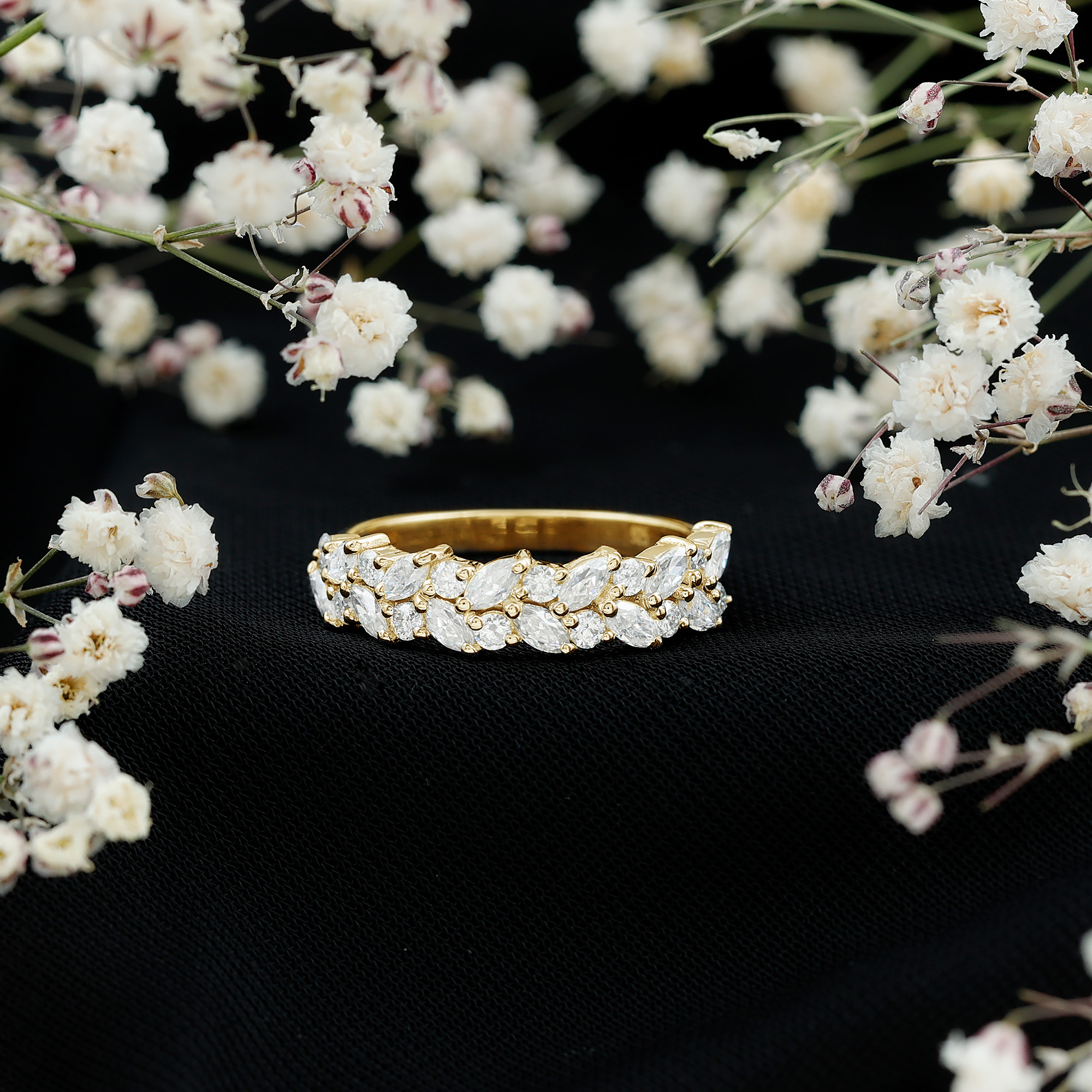 thumbnail video image 2 of Rosec Jewels Lab Diamond Anniversary Band Ring - Leaf Inspired Half Eternity Ring - Ef-Vs Quality - with Jewelry Box, 14K Yellow Gold, US 10.00, 2 of 7