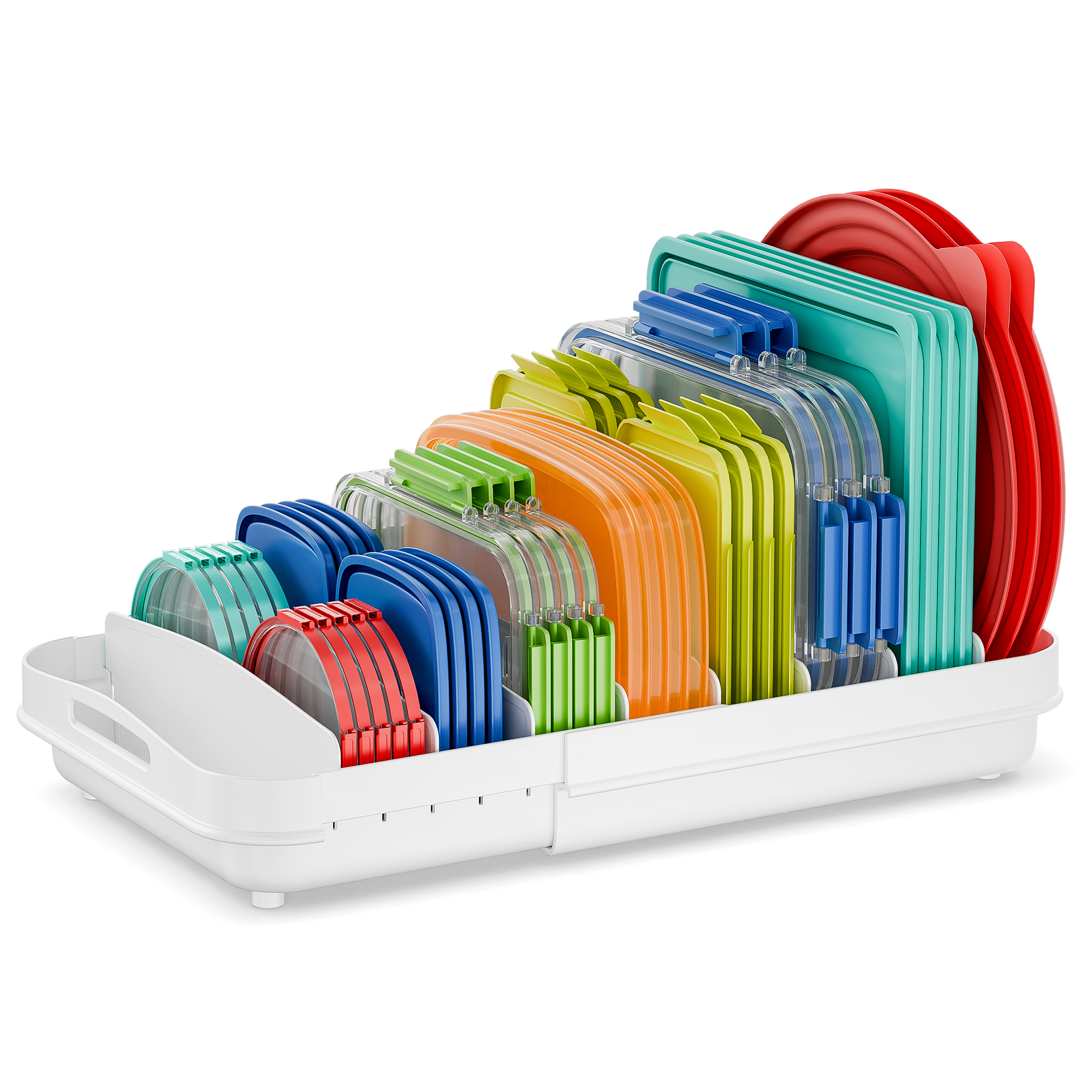 thumbnail video image 2 of Everie Expandable Food Container Lid Organizer, Fits 12" Deep Cabinets, 13.4"-20.5" Adjustable, 8 Dividers, White, 2 of 10