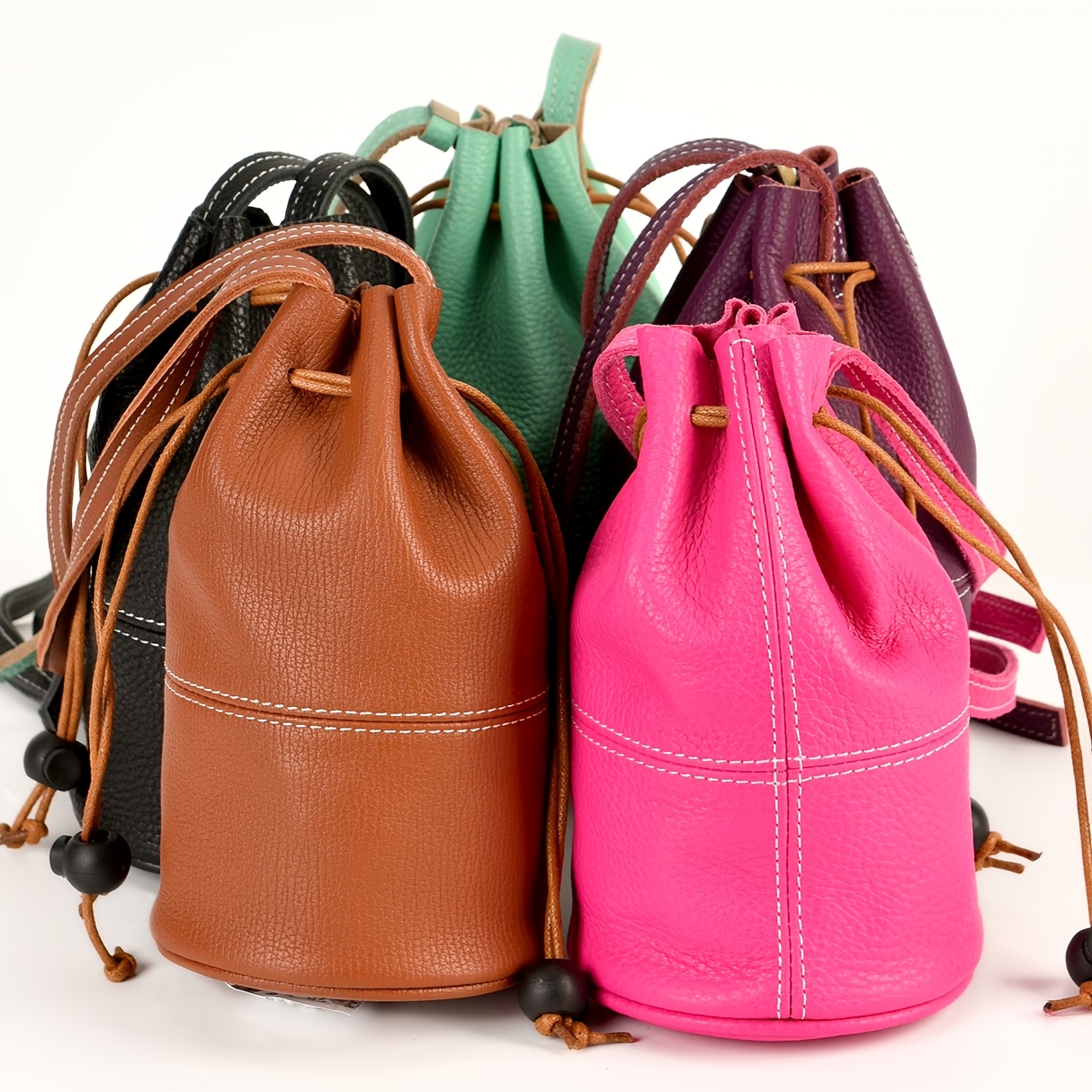 thumbnail video image 2 of Genuine Leather Women's Crossbody Bag, Mini Bucket Bag, Solid Color Casual Shoulder Bag, Adjustable Shoulder Strap, Drawstring Closure, Unlined Edge - Adjustable Shoulder Strap, 2 of 14