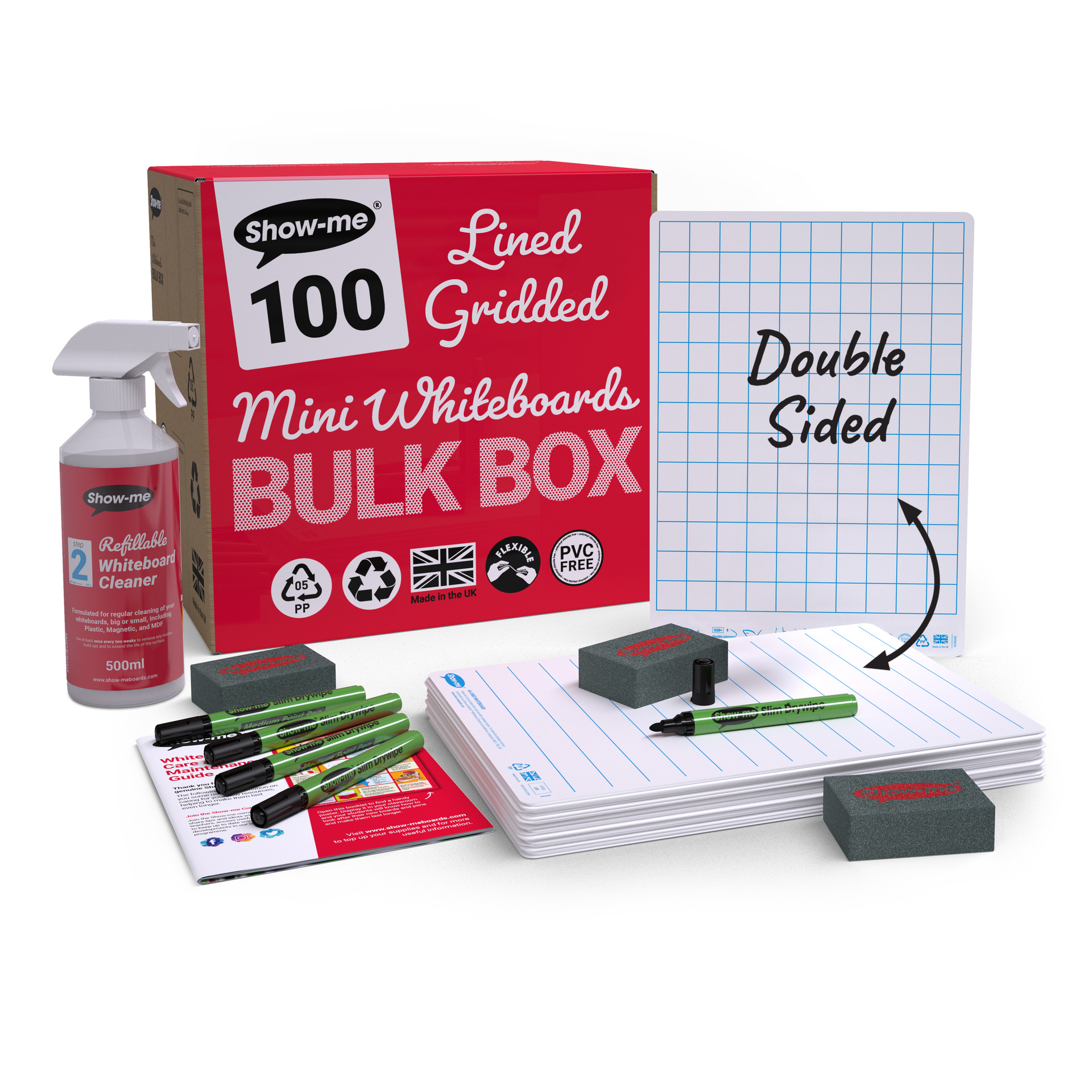 thumbnail video image 2 of Show-me Bulk Box of 100 x A4 Lined/Gridded dry erase boards, pens and erasers plus free cleaner, 2 of 6