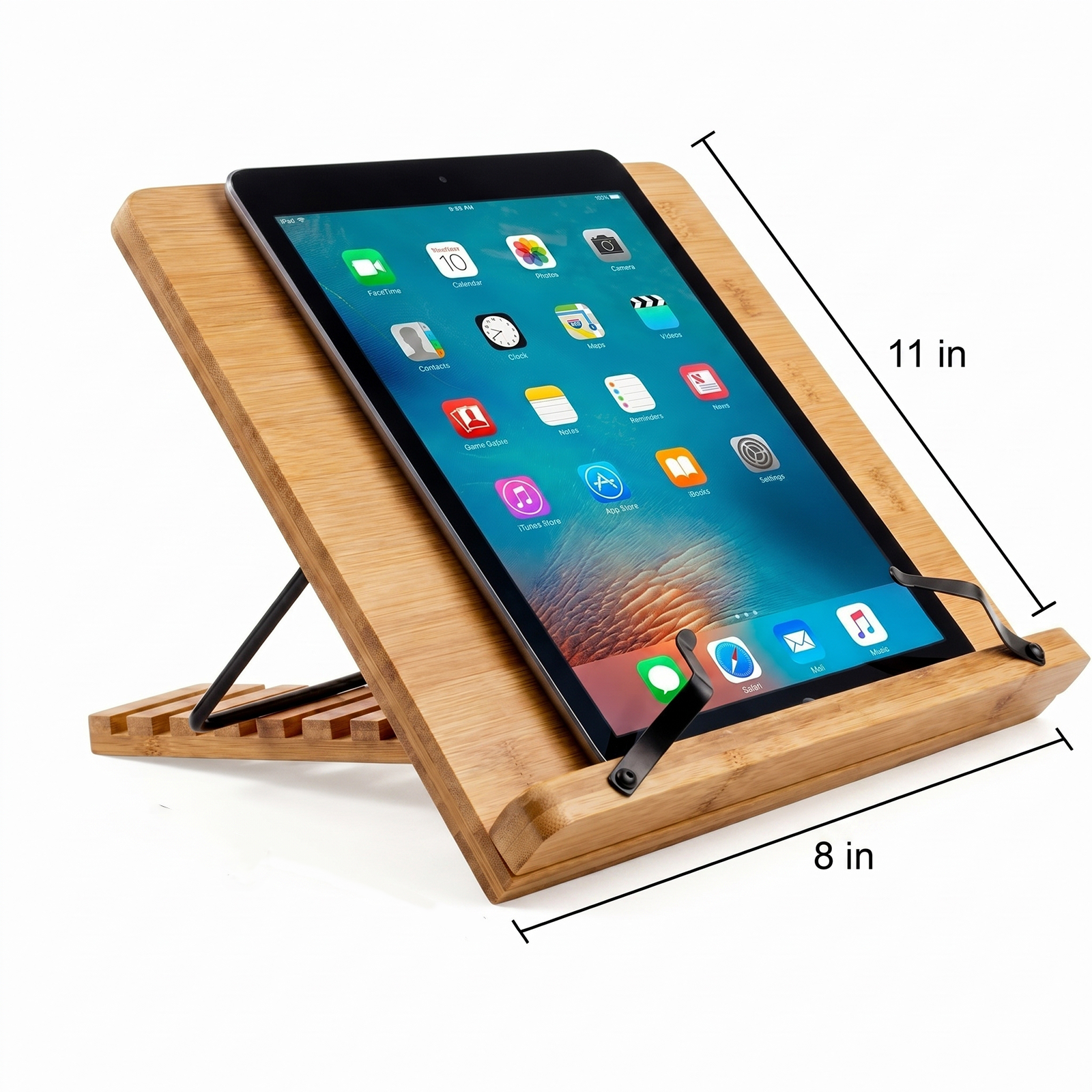 thumbnail video image 2 of Large Bamboo Book Stand, 11'' x 15'' Portable Stable Adjustable Height Reading Book Holder for Cookbook, Sheet Music, Bible, Textbook and Tablet, 2 of 8