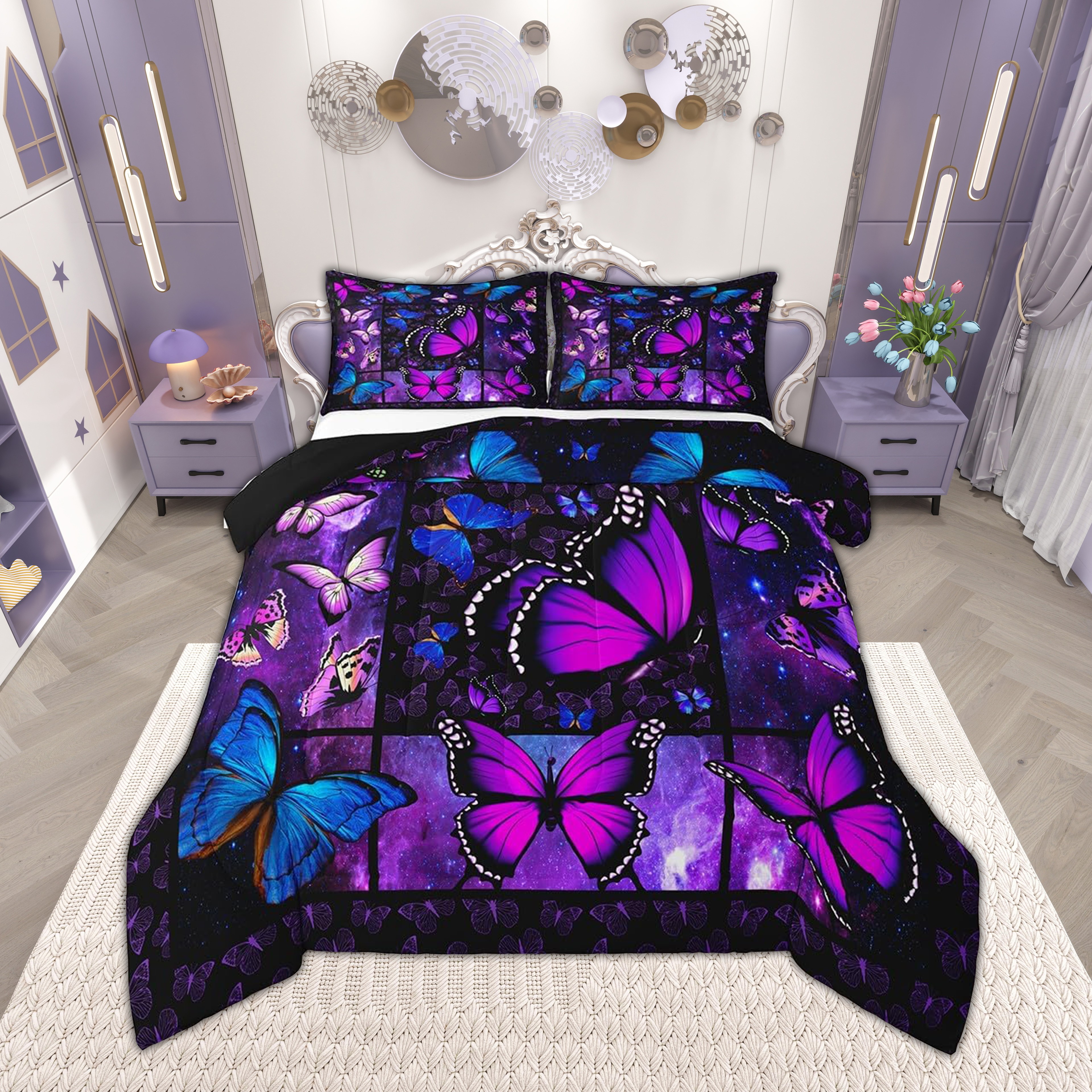 thumbnail video image 2 of Erosebridal Butterfly Comforter Set Starry Sky Galaxy Comforter Blue Purple Butterfly Bedding Sets Twin Teens Women Bed,Aesthetics Butterflies Quilt Duvet Set 1 Pillow Case Room Decor, 2 of 5