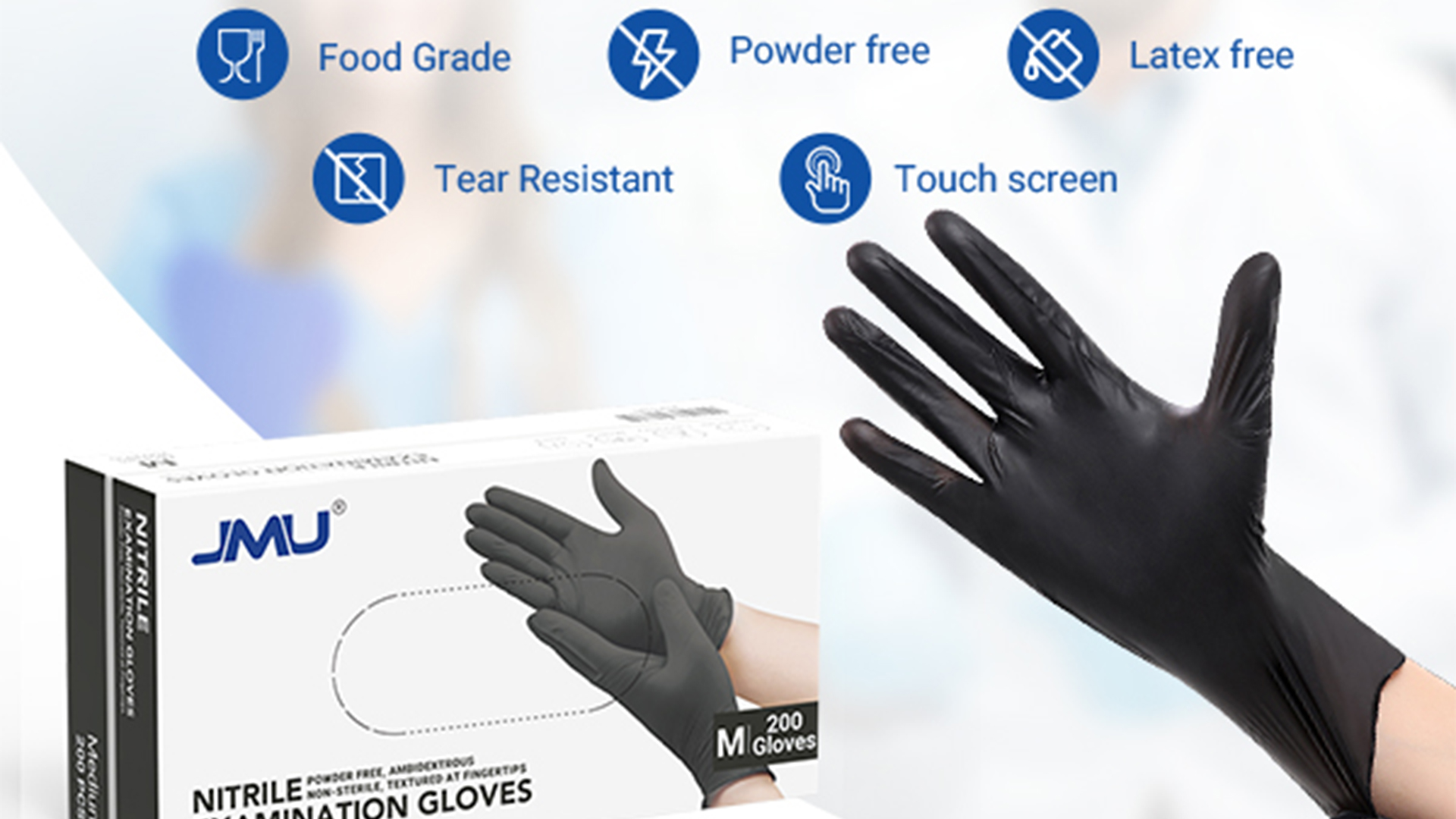 thumbnail video image 2 of JMU Nitrile Examination Gloves, Size M, Powder-Free, Non-Sterile, Black, 200pcs/box, 2 of 8